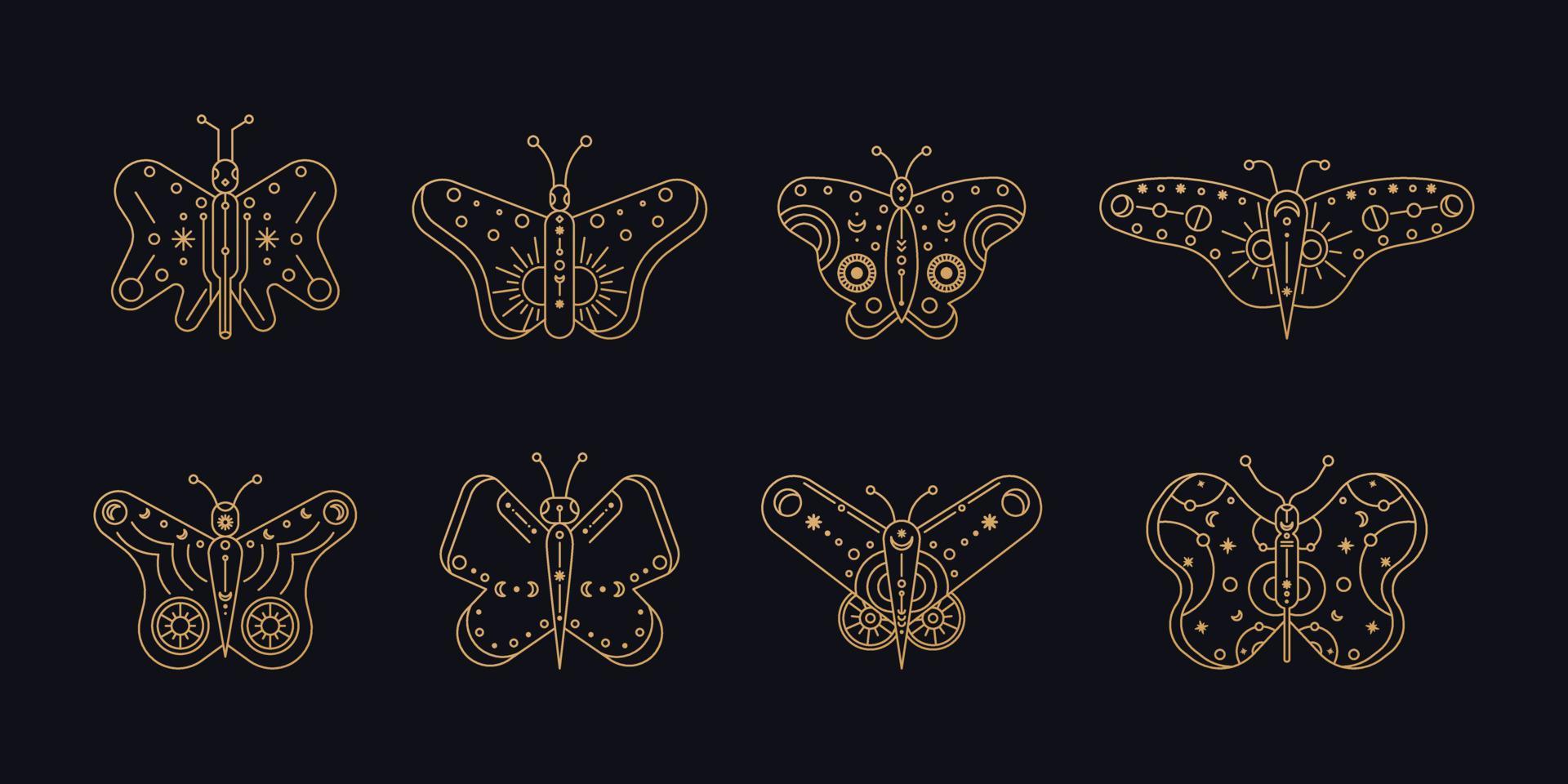 arte lineal de mariposas. conjunto de arte de línea de mariposa. símbolos lineales boho mínimos. elemento místico celestial. ilustración de arte de línea vectorial. vector