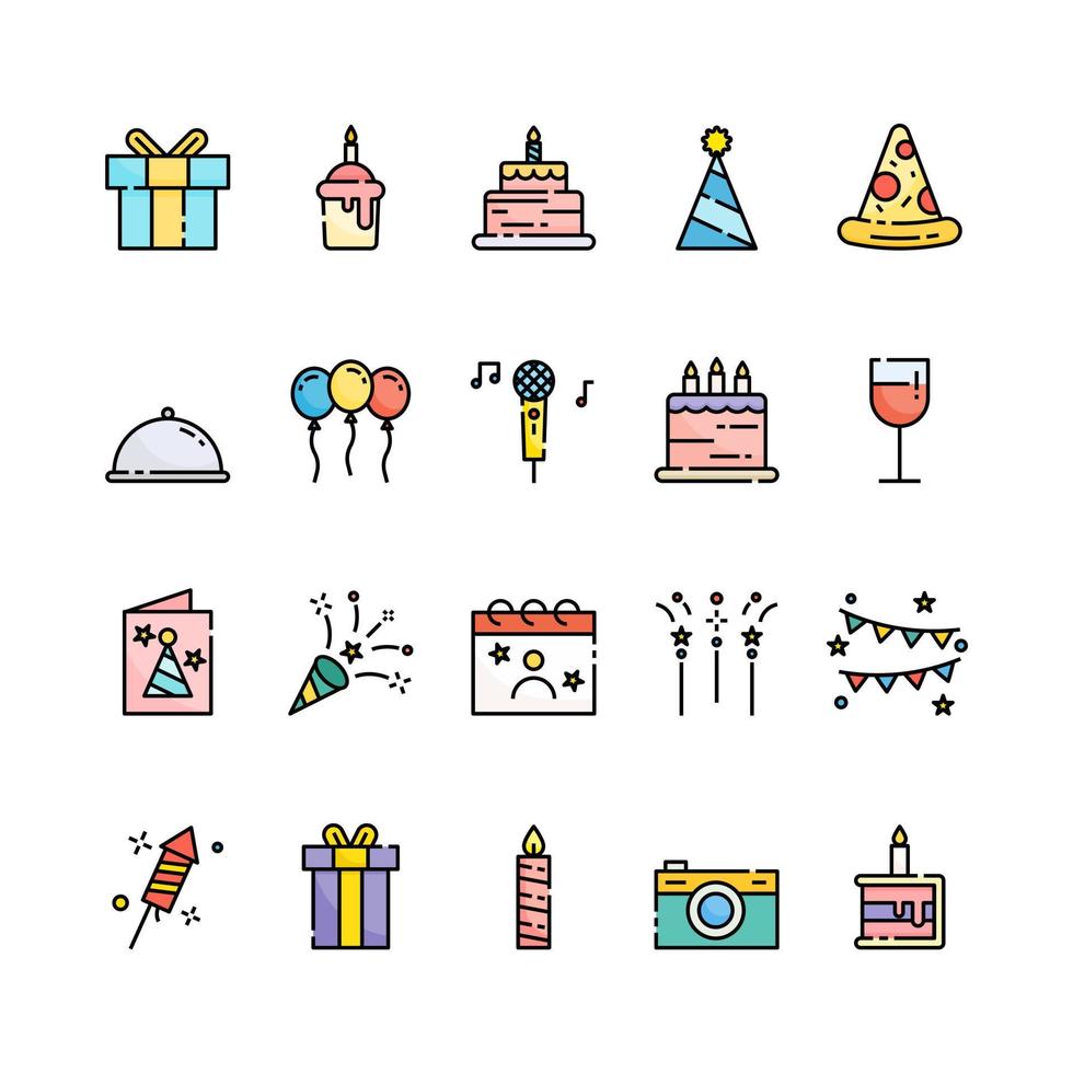 conjunto de iconos de cumpleaños. icono de contorno lleno de cumpleaños. ilustración vectorial vector