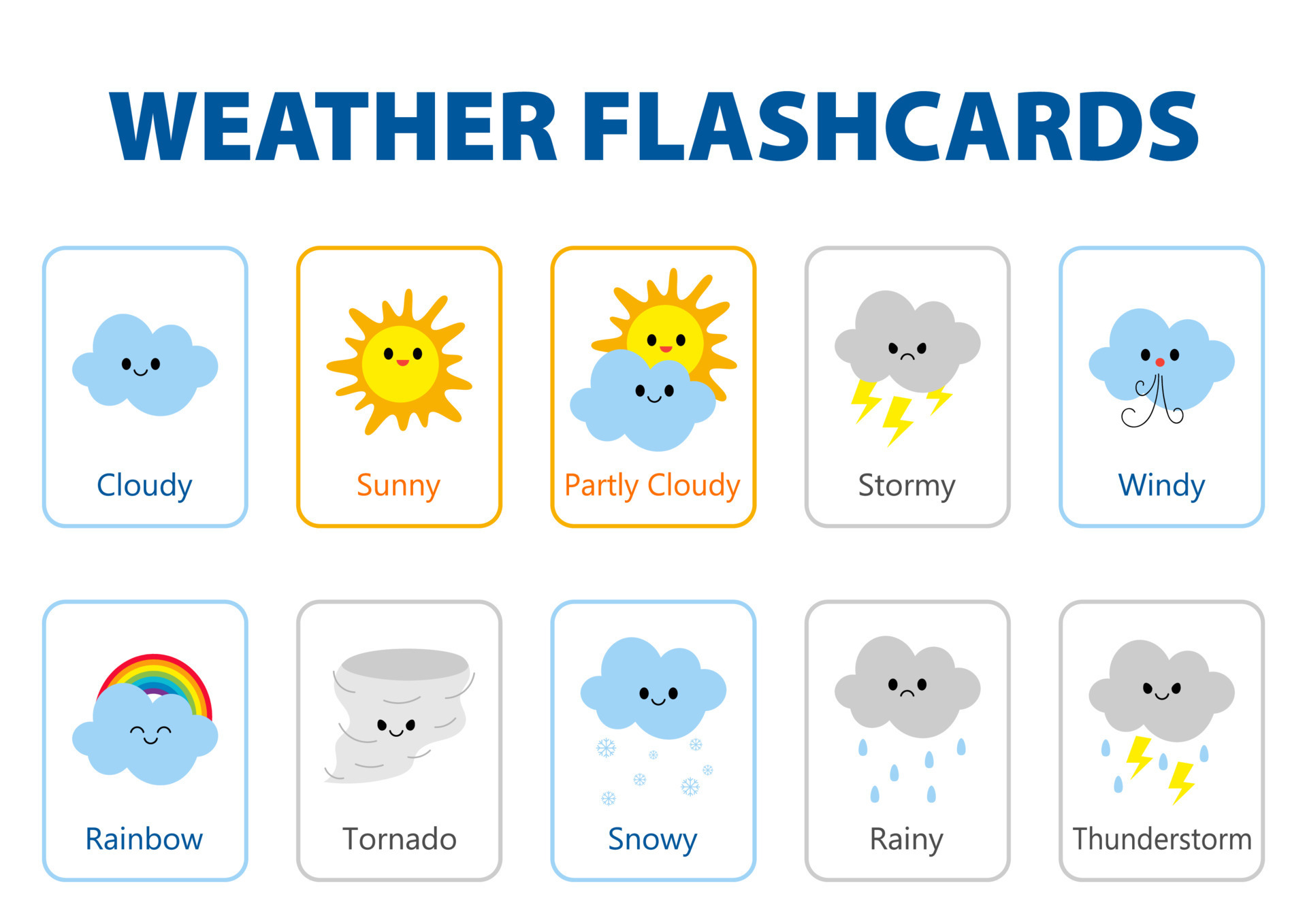 weather flashcards for kids, learn the weather with cute characters