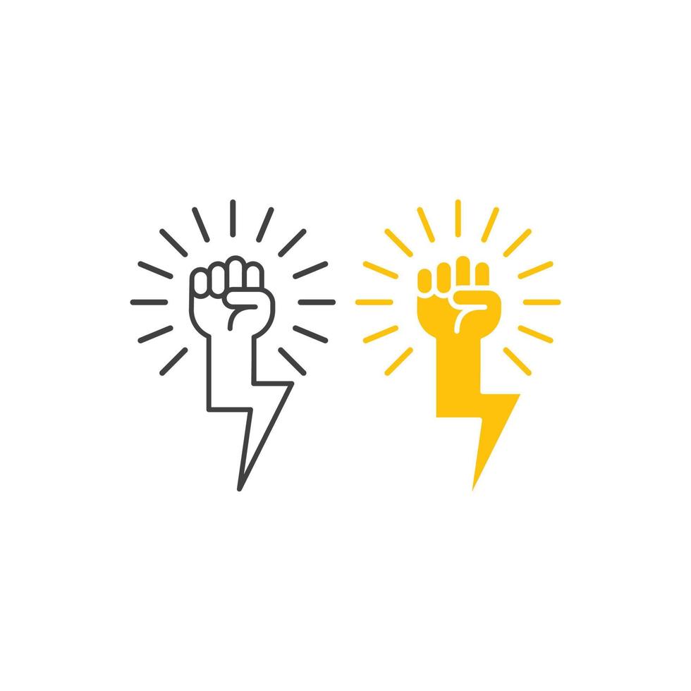 Electricity power, fist hand with thunder bolt. Vector icon template