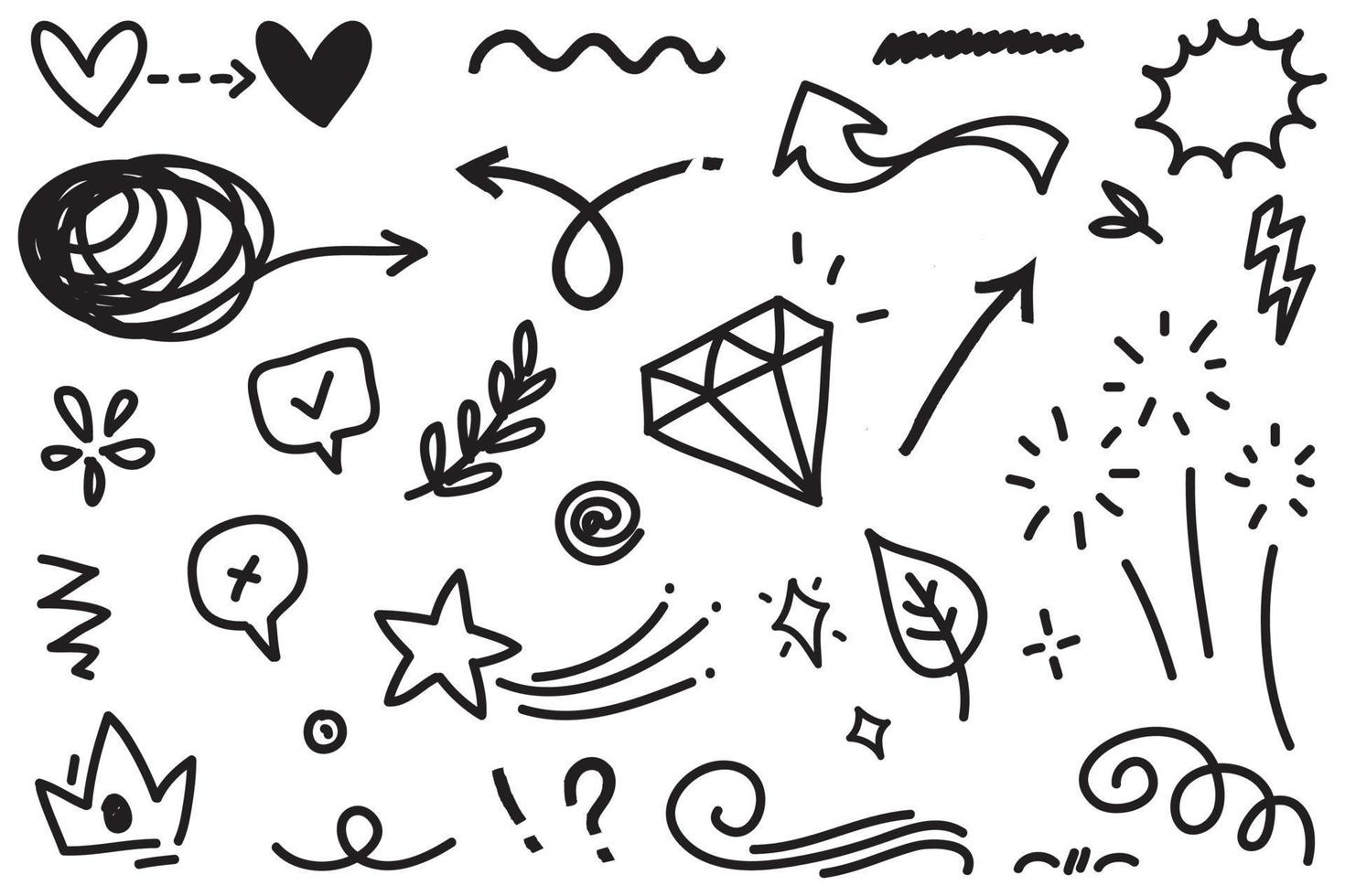 Abstract arrows, ribbons, crowns, hearts, explosions and other elements in hand drawn style for concept design. Doodle illustration. Vector template for decoration