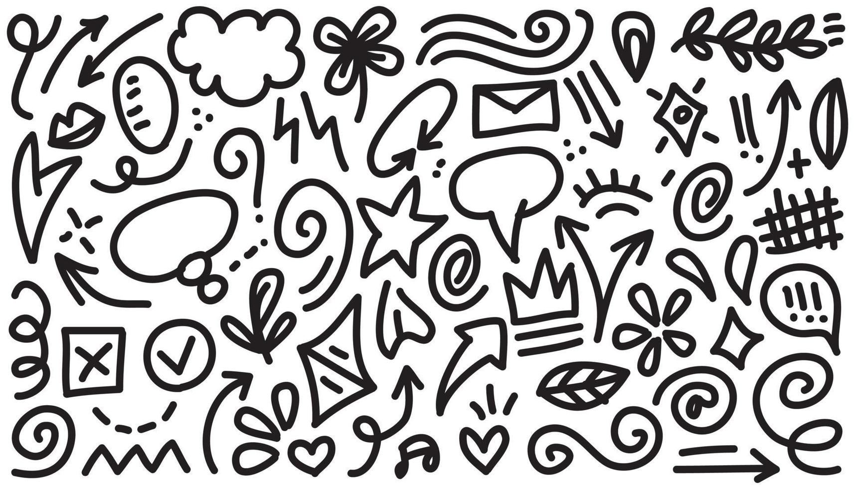 Abstract arrows, ribbons, crowns, hearts, explosions and other elements in hand drawn style for concept design. Doodle illustration. Vector template for decoration