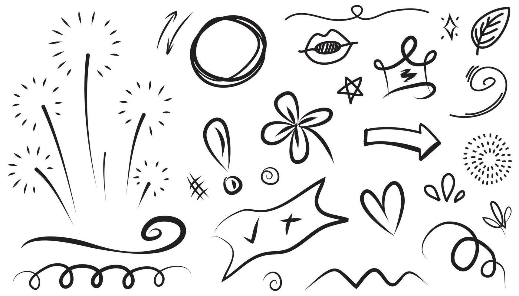 Abstract arrows, ribbons, crowns, hearts, explosions and other elements in hand drawn style for concept design. Doodle illustration. Vector template for decoration