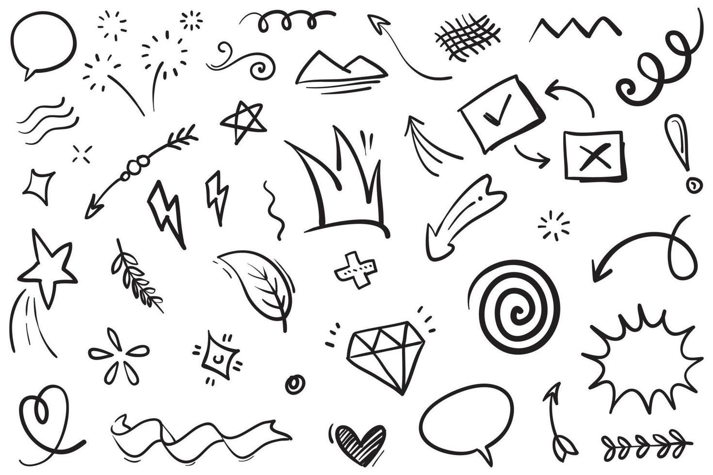 Hand drawn set elements, Abstract arrows, ribbons, hearts, stars, crowns and other elements in a hand drawn style for concept designs. Scribble illustration. Vector illustration.