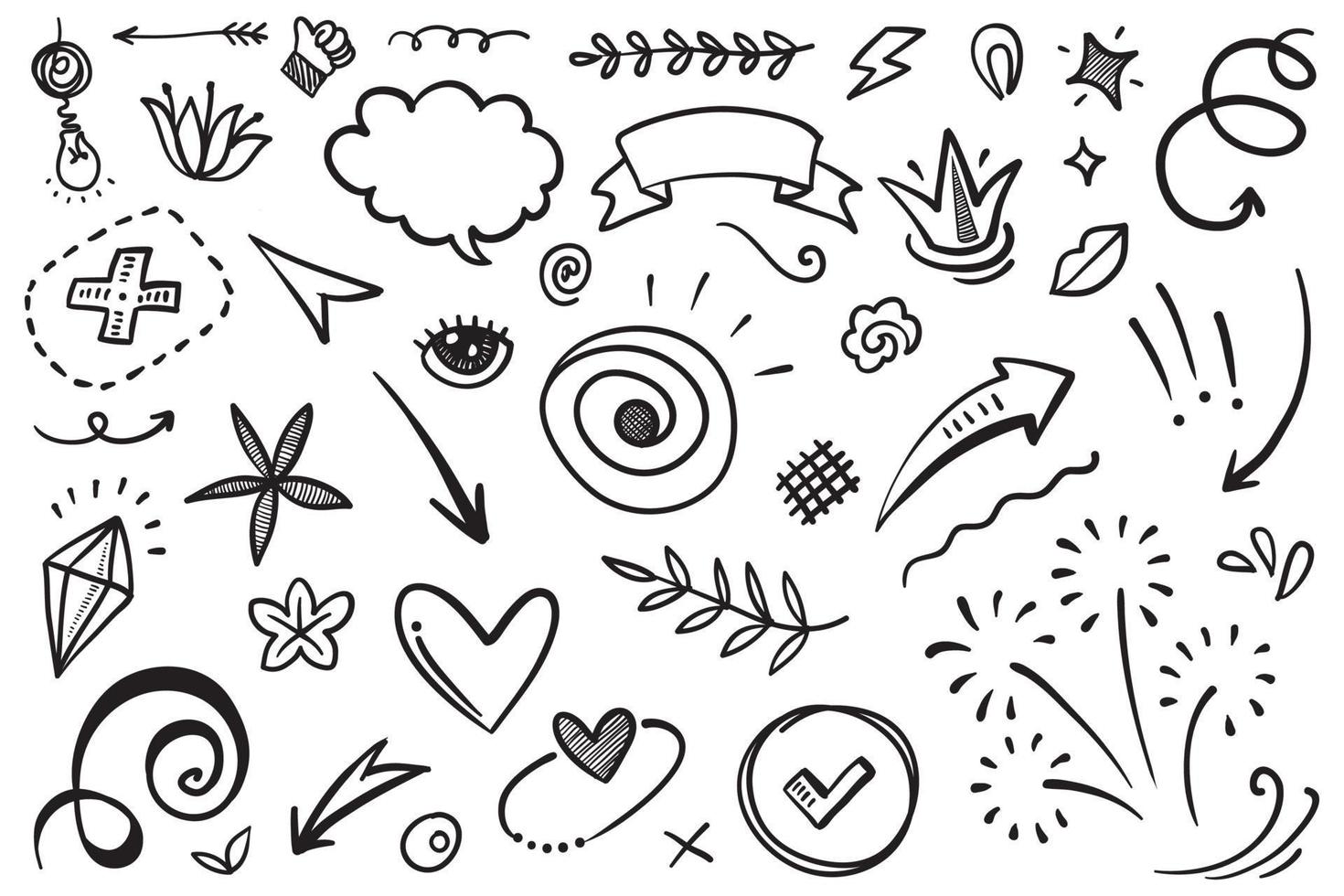 Hand drawn set elements, Abstract arrows, ribbons, hearts, stars, crowns and other elements in a hand drawn style for concept designs. Scribble illustration. Vector illustration.