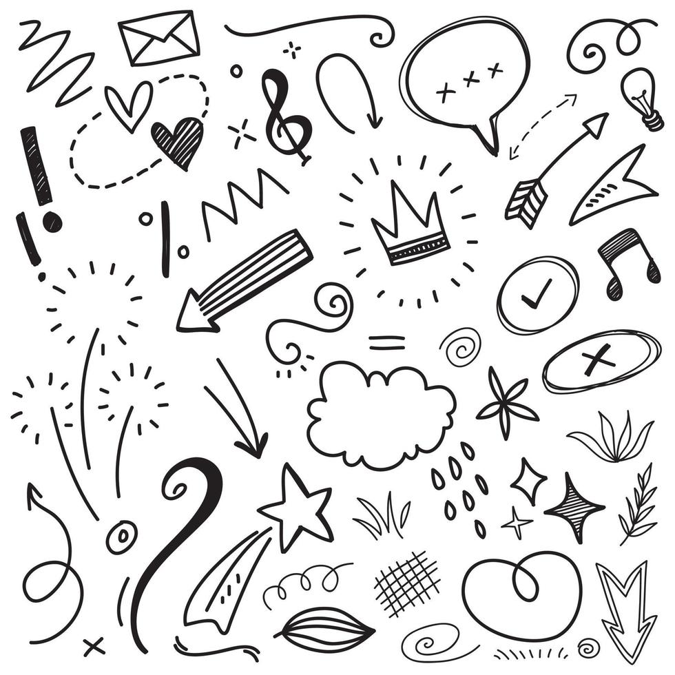 Hand drawn set elements, Abstract arrows, ribbons, hearts, stars, crowns and other elements in a hand drawn style for concept designs. Scribble illustration. Vector illustration.