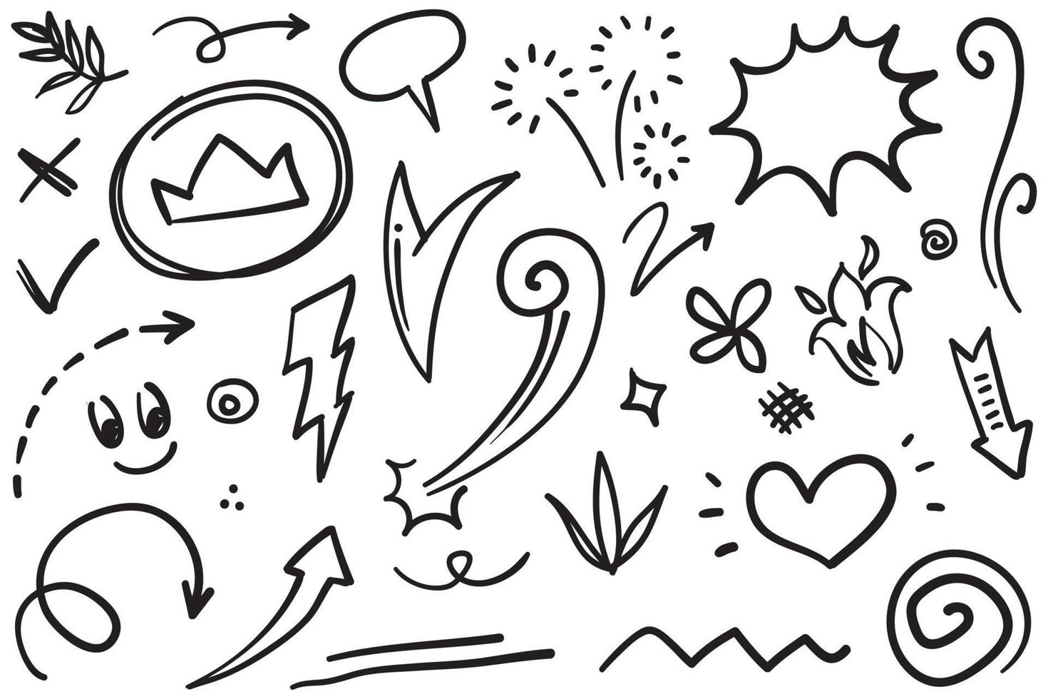 Hand drawn set elements, Abstract arrows, ribbons, hearts, stars, crowns and other elements in a hand drawn style for concept designs. Scribble illustration. Vector illustration.