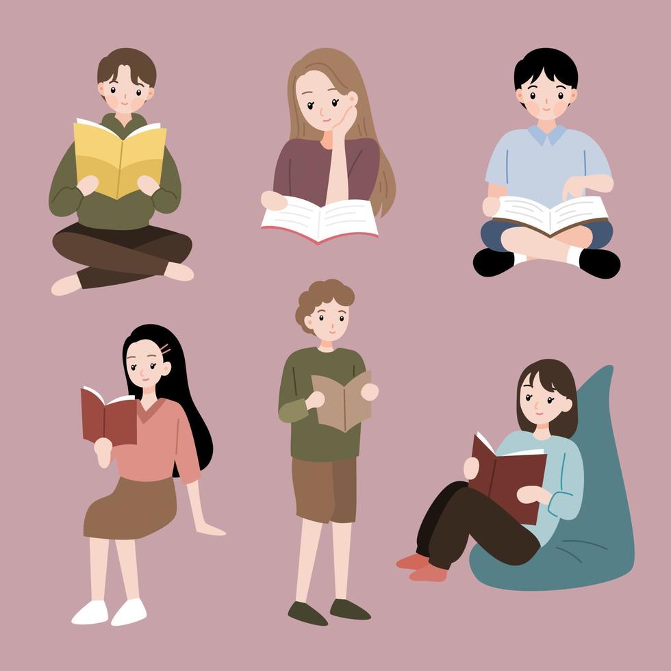 People character illustration reading in different pose vector