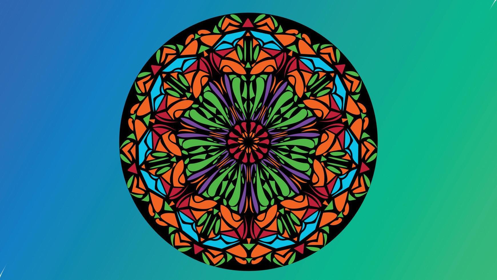 brightly colored mandala of geometric shapes on a gradient color background vector