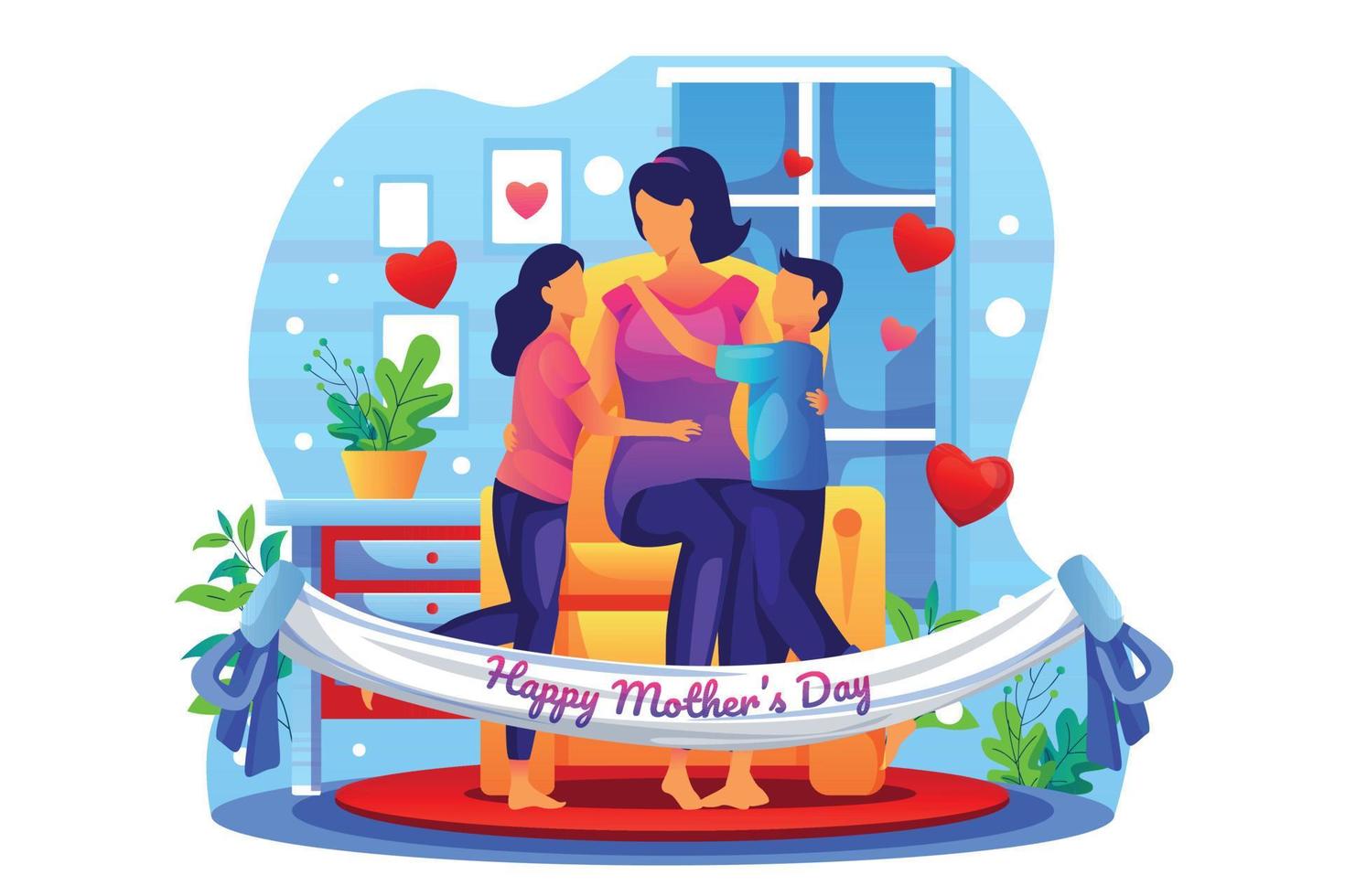 Celebration of children together with their mother in the living room hugging with gifts vector