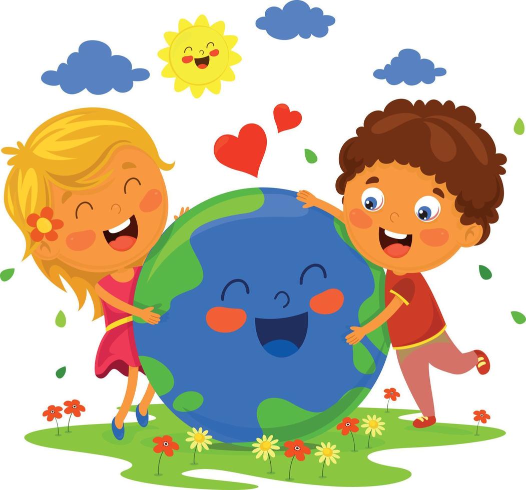 RECYCLING DAY HAPPY CHILDREN PLAYING WITH PLANET EARTH ON A BACKGROUND OF FLOWERS AND CLOUDS vector