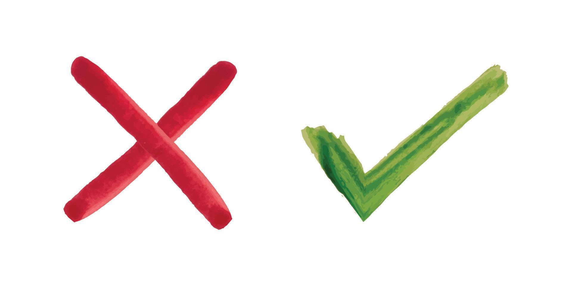 marca de verificación verde acuarela y cruz roja aislada sobre fondo blanco. sí y no icono. ilustración vectorial vector