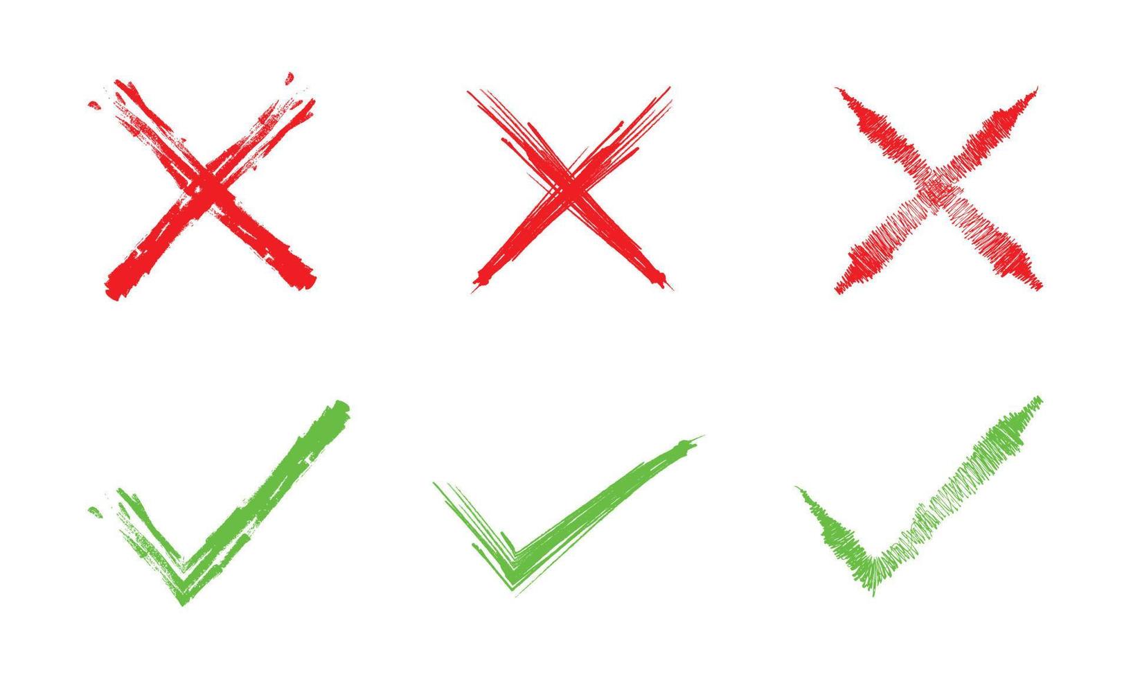 set of hand draw green checkmark and Red cross isolated on white background. yes and no icon. Vector illustration.