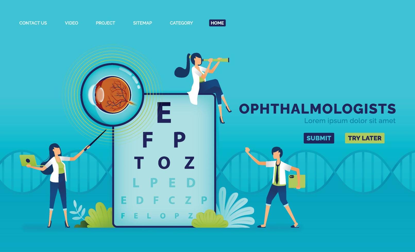 Optical health illustration of ophthalmologist explains damaged part of retina using eye anatomy and snellen. Can be used to landing page, web, website, poster, mobile apps, brochure, ads, flyer, card vector
