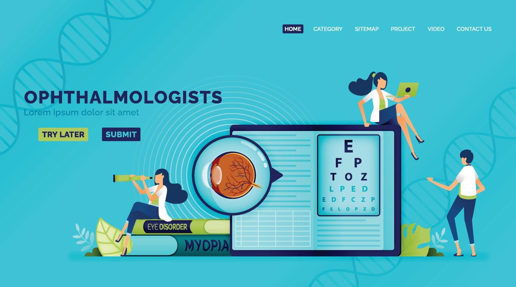 Optical health illustration of ophthalmology students read and understand how to diagnose eye disorders with Snellen. Can be used to landing page, web, website, poster, mobile apps, brochure, ads vector