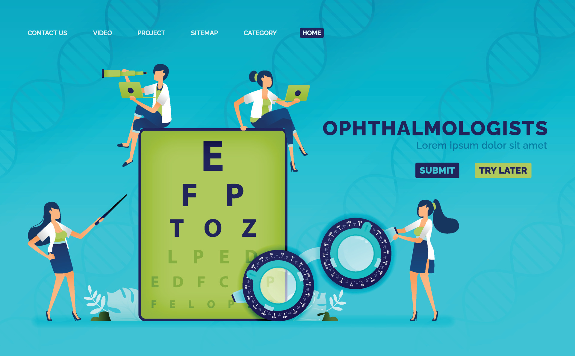Optical health illustration of Optometrists use Snellen and trial frames to measure patients
