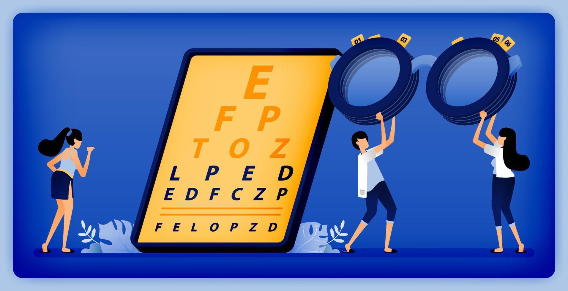ilustración de salud óptica de estudiantes de oftalmología que diagnostican trastornos oculares de pacientes con snellen y marco de prueba. se puede utilizar para la página de destino, la web, el sitio web, el afiche, las aplicaciones móviles, el folleto y los anuncios vector