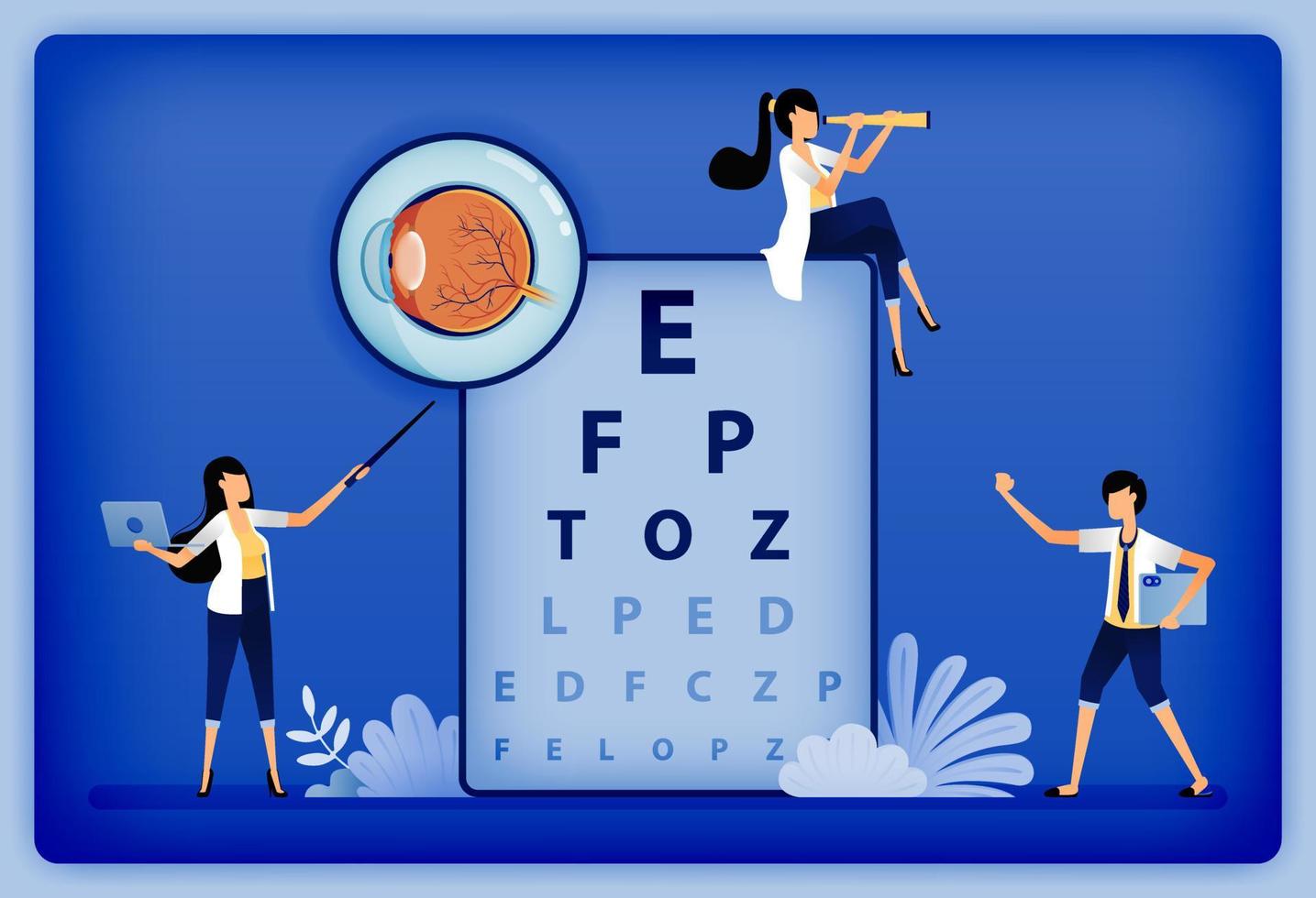 Optical health illustration of ophthalmologist explains damaged part of retina using eye anatomy and snellen. Can be used to landing page, web, website, poster, mobile apps, brochure, ads, flyer, card vector