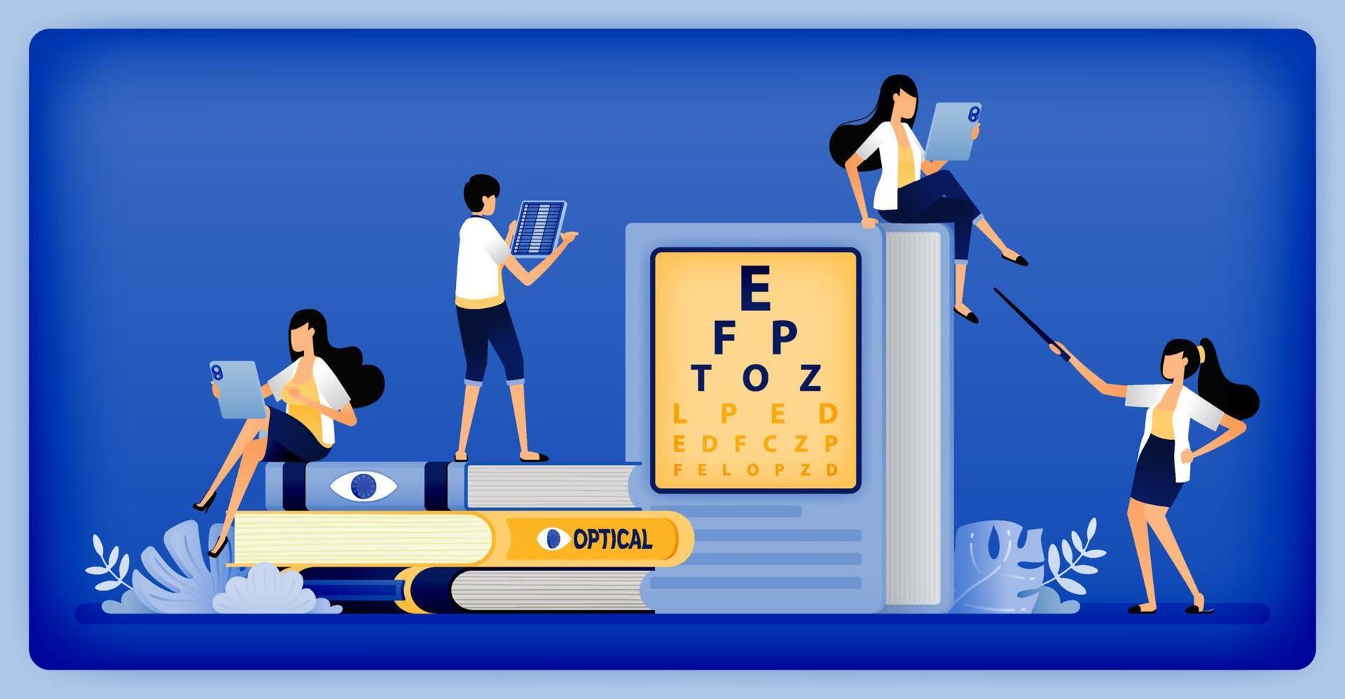 Optical health illustration of ophthalmologist medical student studying snellen and eye disease in textbook. Can be used to landing page, web, website, poster, mobile apps, brochure, ads, flyer, card vector