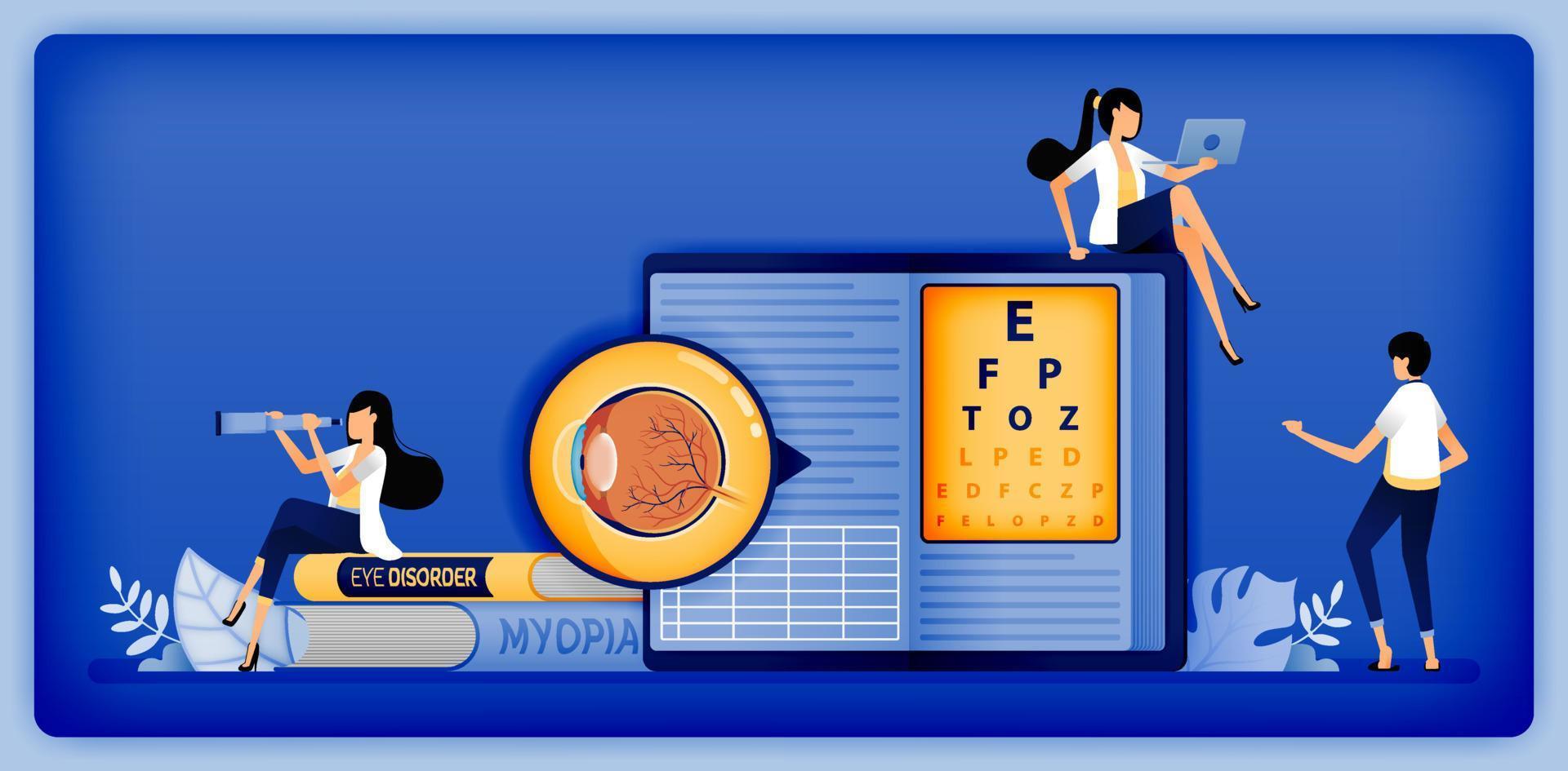 Optical health illustration of ophthalmology students read and understand how to diagnose eye disorders with Snellen. Can be used to landing page, web, website, poster, mobile apps, brochure, ads vector