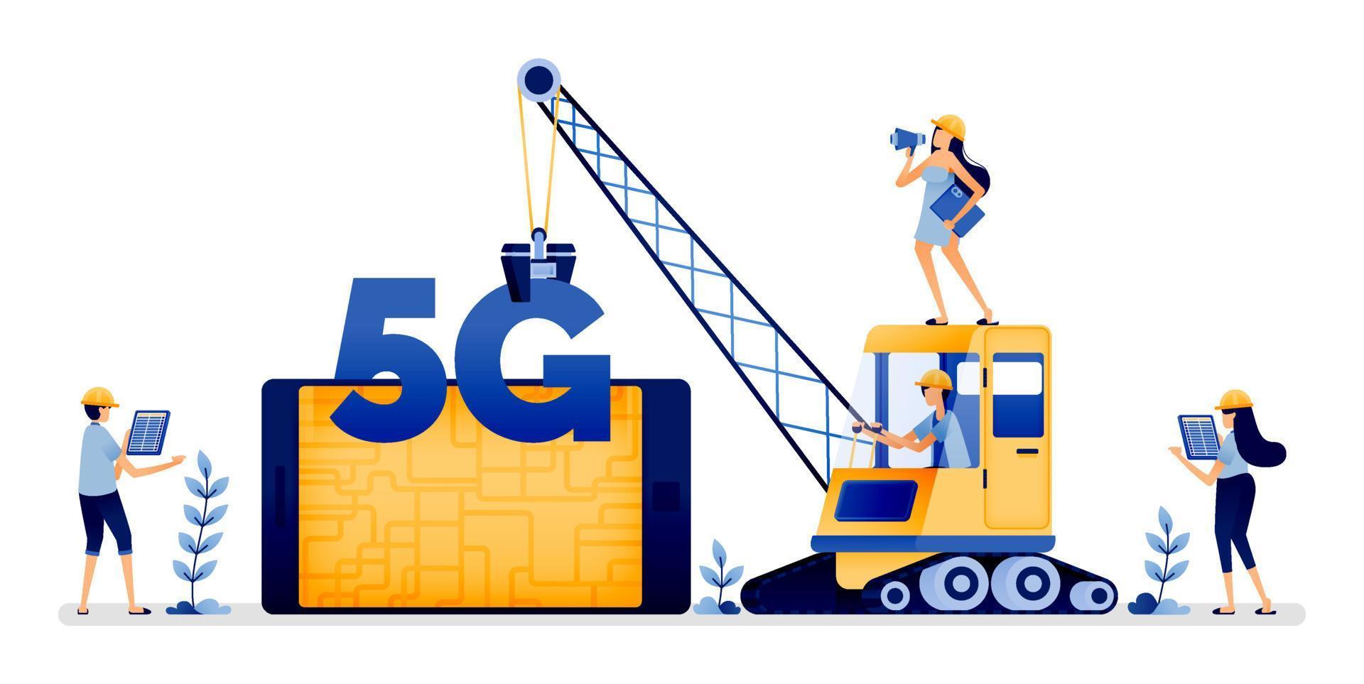 el diseño de ilustración del ingeniero implementa la tecnología del sistema 5g con aplicaciones móviles para facilitar la comunicación. el vector se puede utilizar para web, sitio web, afiche, aplicaciones móviles, anuncios de folletos, volante, tarjeta de visita