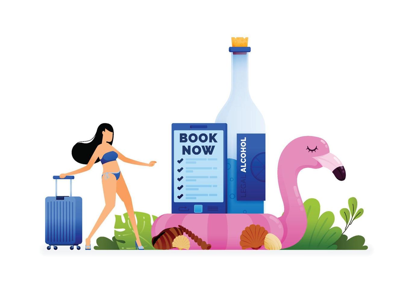 Vector illustration of girl in swimsuit carrying suitcase and booking tickets for summer vacation at beach. Design can be used to landing page, web, website, poster, mobile apps, ads, flyer, business