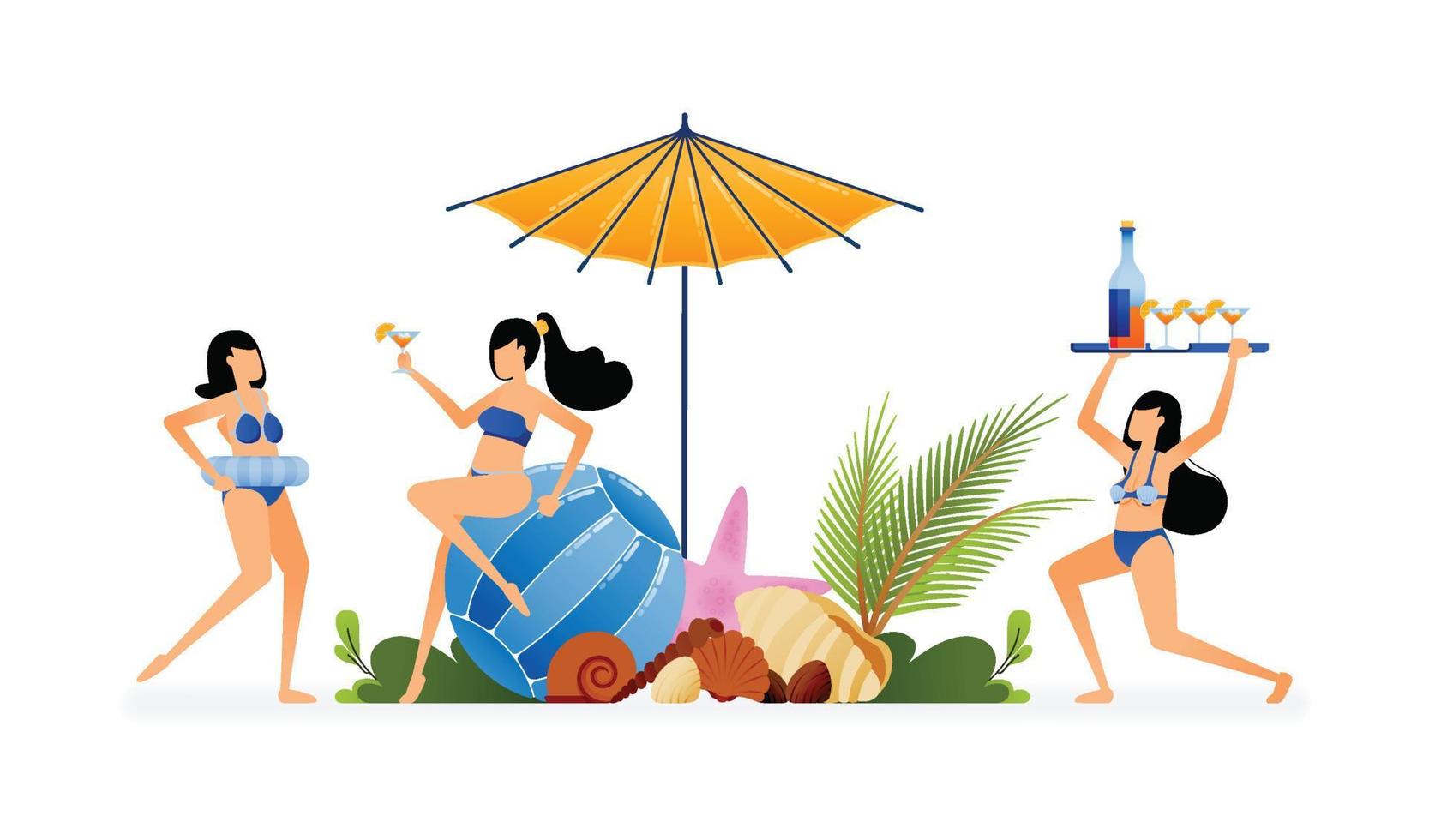 ilustración vectorial de personas de vacaciones y fiestas en la playa tropical en verano después de la pandemia. el diseño se puede utilizar para la página de inicio, la web, el sitio web, el afiche, las aplicaciones móviles, los anuncios de folletos, el volante, el negocio vector