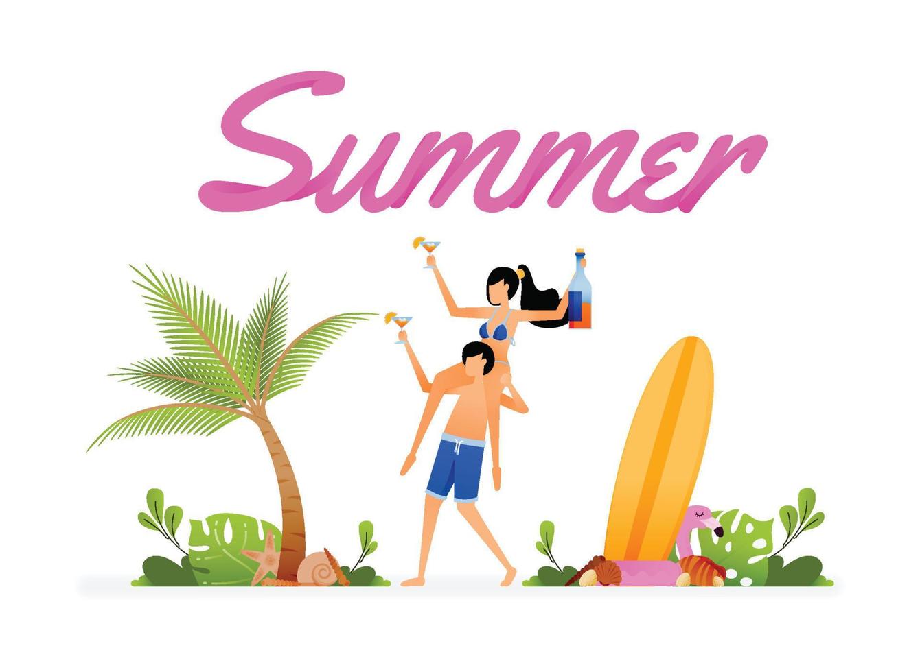 ilustración vectorial de la escritura de verano sobre los jóvenes de fiesta en la playa de verano en las vacaciones de agosto. el diseño se puede utilizar para la página de destino, la web, el sitio web, el afiche, las aplicaciones, los anuncios de folletos, el volante, la tarjeta de visita vector