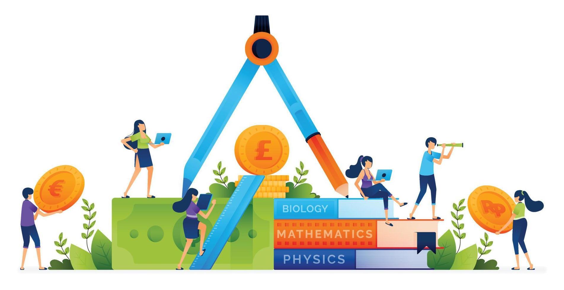 Education illustration of learning and knowledge requires sufficient money and funding in the application of knowledge in society. Landing page, web, website, banner, ads, card, apps, brochure, flyer vector