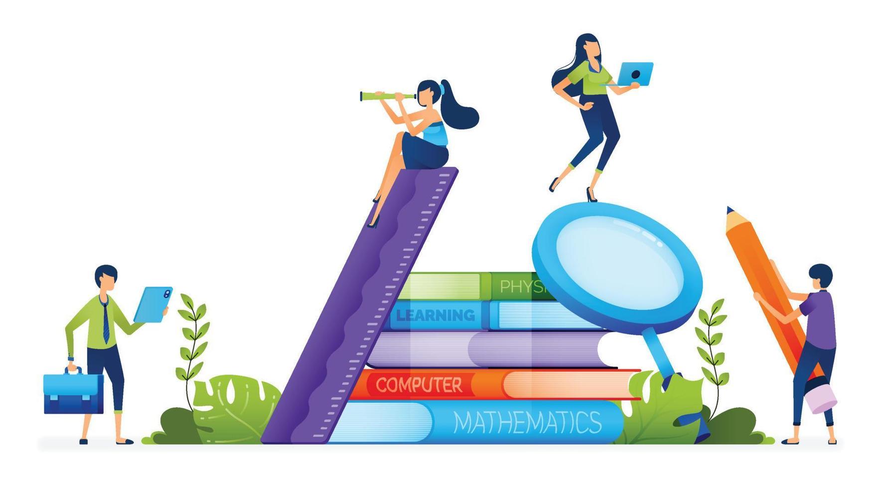 Education illustration of students are around piles of books and stationery to research and learn knowledge in school environment. Landing page, web, website, banner, ads, card, apps, brochure, flyer vector