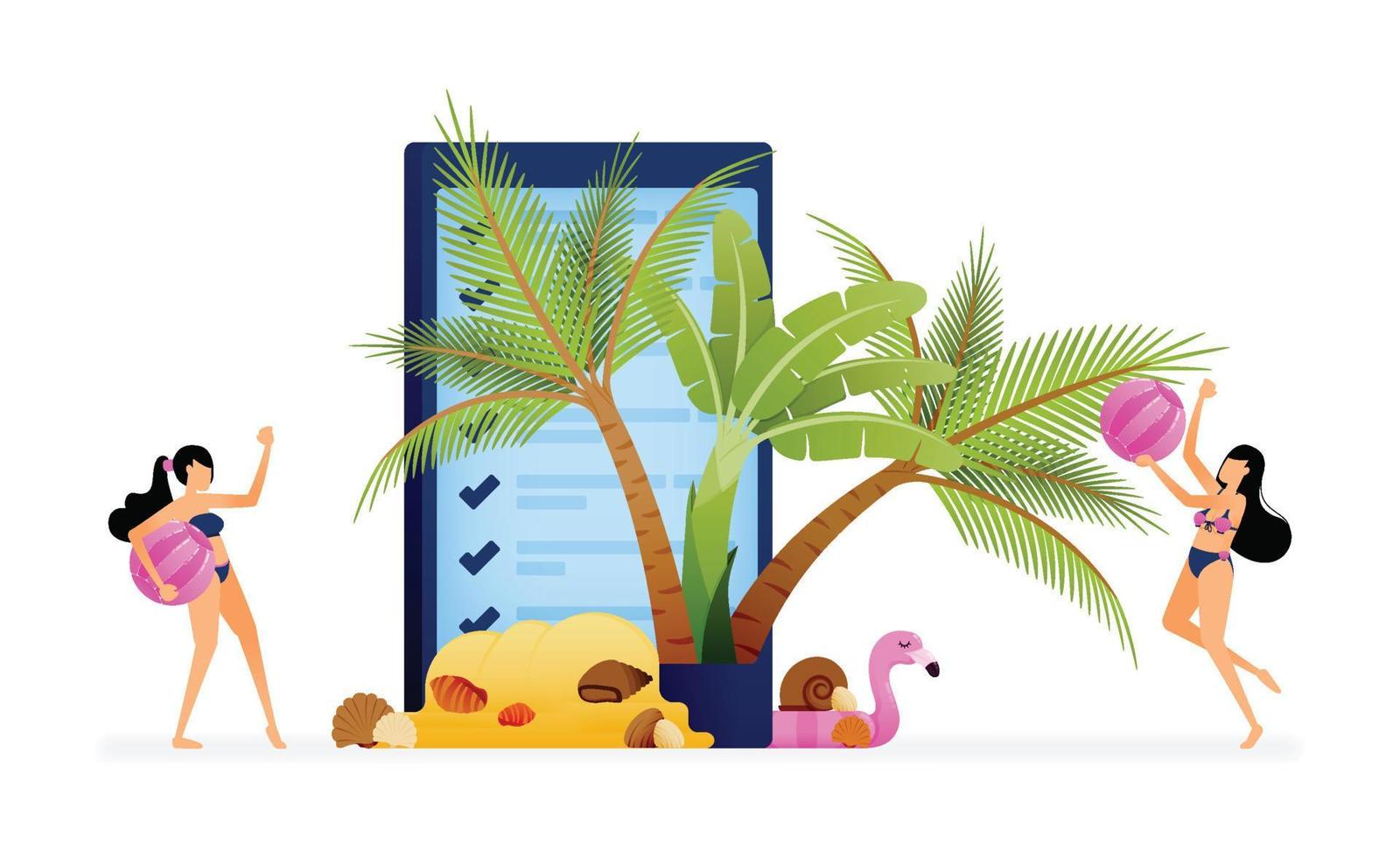 Vector illustration of two girls playing volleyball between vacation ticket booking apps and tropical beach plants. Design can be used to landing page, website, poster, mobile apps, ads, flyer, card