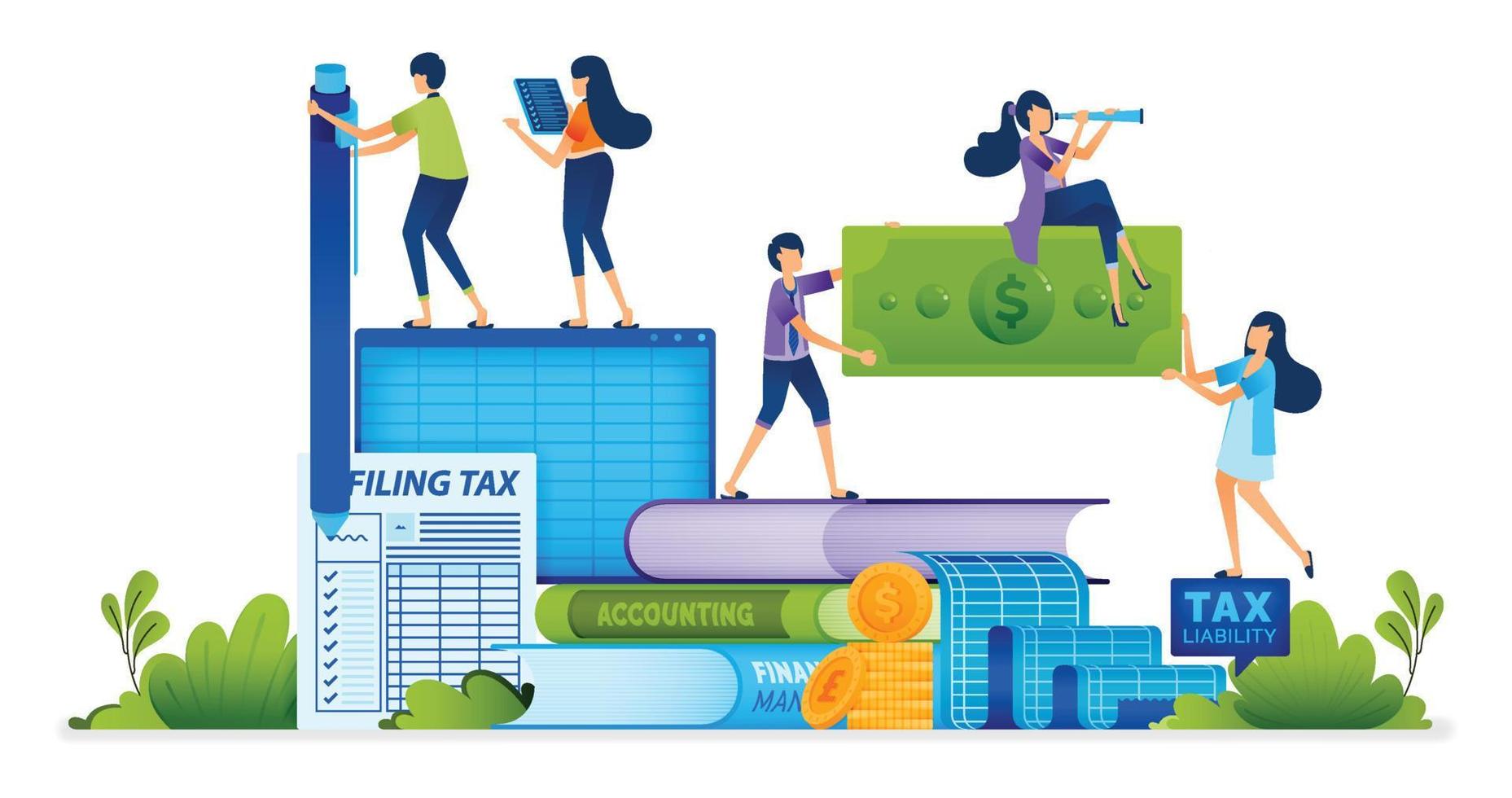 Accounting illustration of people learn to collect and record income and money for purpose of filling out the annual tax return. Landing page, web, website, banner, ads, card, apps, brochure, flyer vector