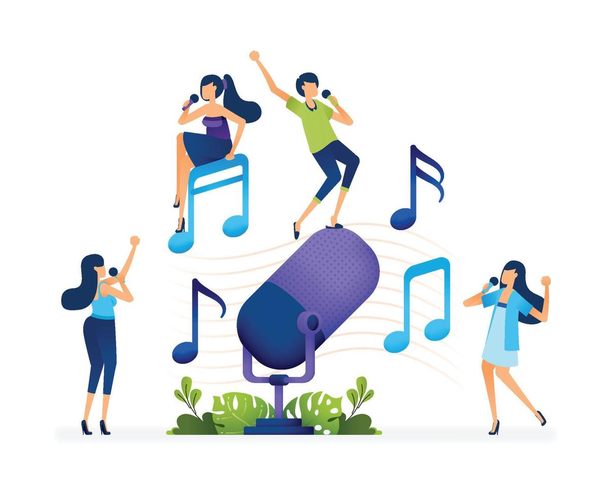 Vector illustration of People sing and karaoke merrily to the rhythm of block notation and giant microphones. Can be used to landing page, web, website, poster, mobile apps, brochure, ads, flyer, card