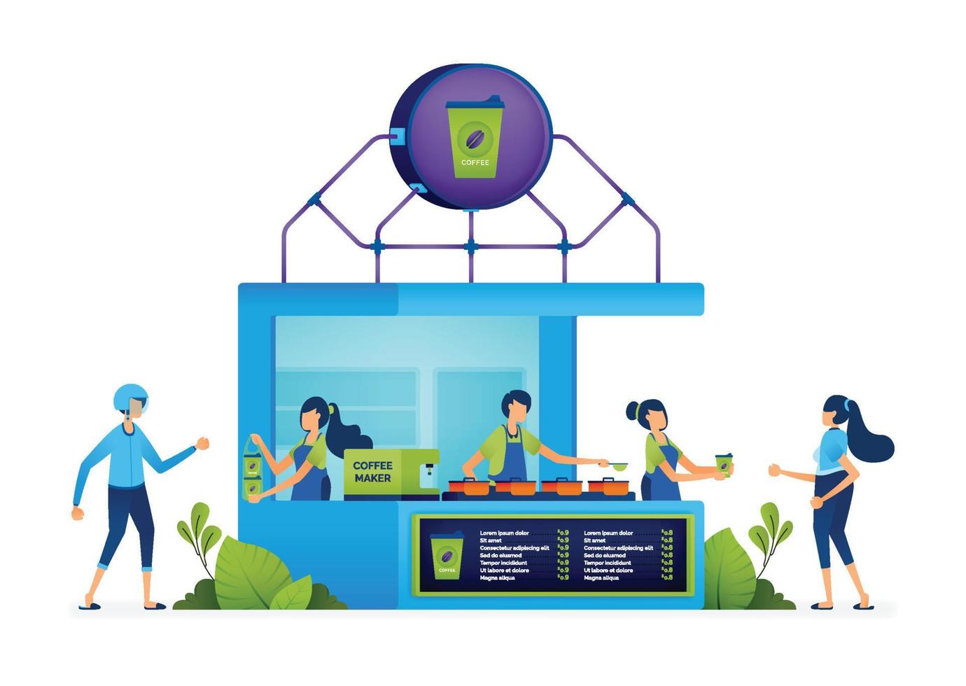 Business illustration of People line up and shop at young entrepreneurs SME boot that sells coffee and tapioca drinks. Landing page, web, website, banner, ads, card, apps, brochure, flyer vector