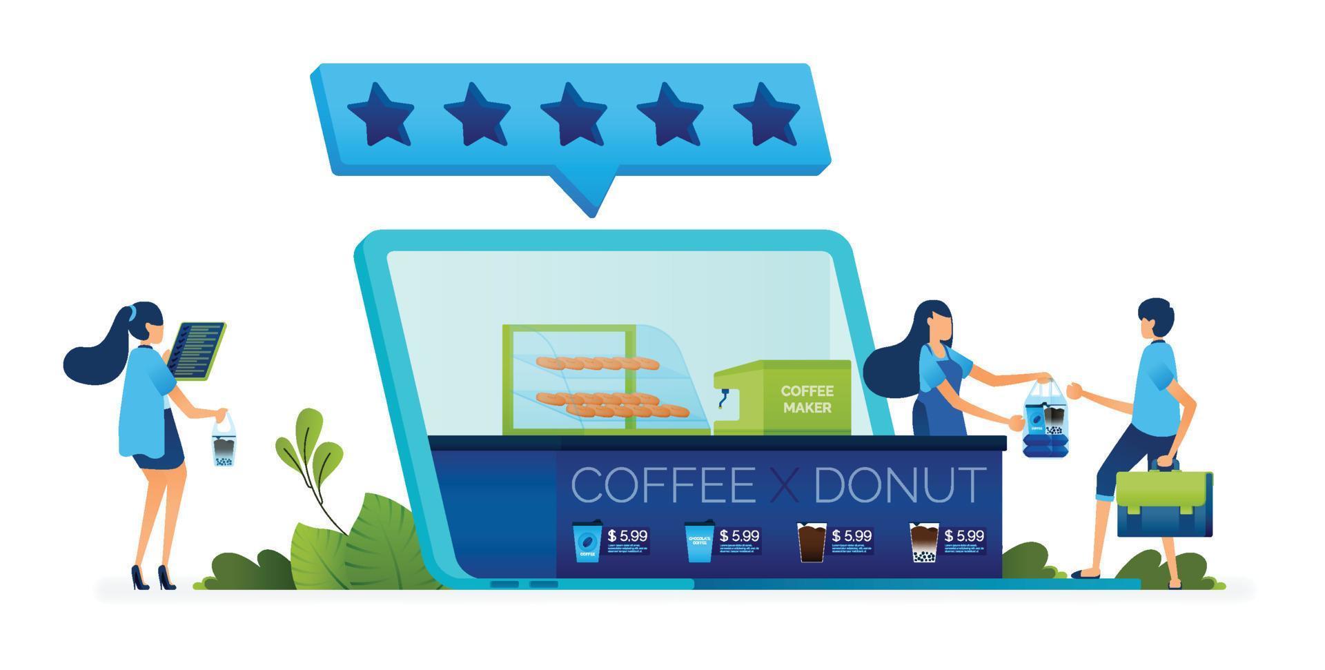 Illustration of SMEs sell coffee and donuts with 5 star satisfaction internet rating. support lower businesses for economic sustainability. Can be used for website, mobile app, poster, flyers, banner vector