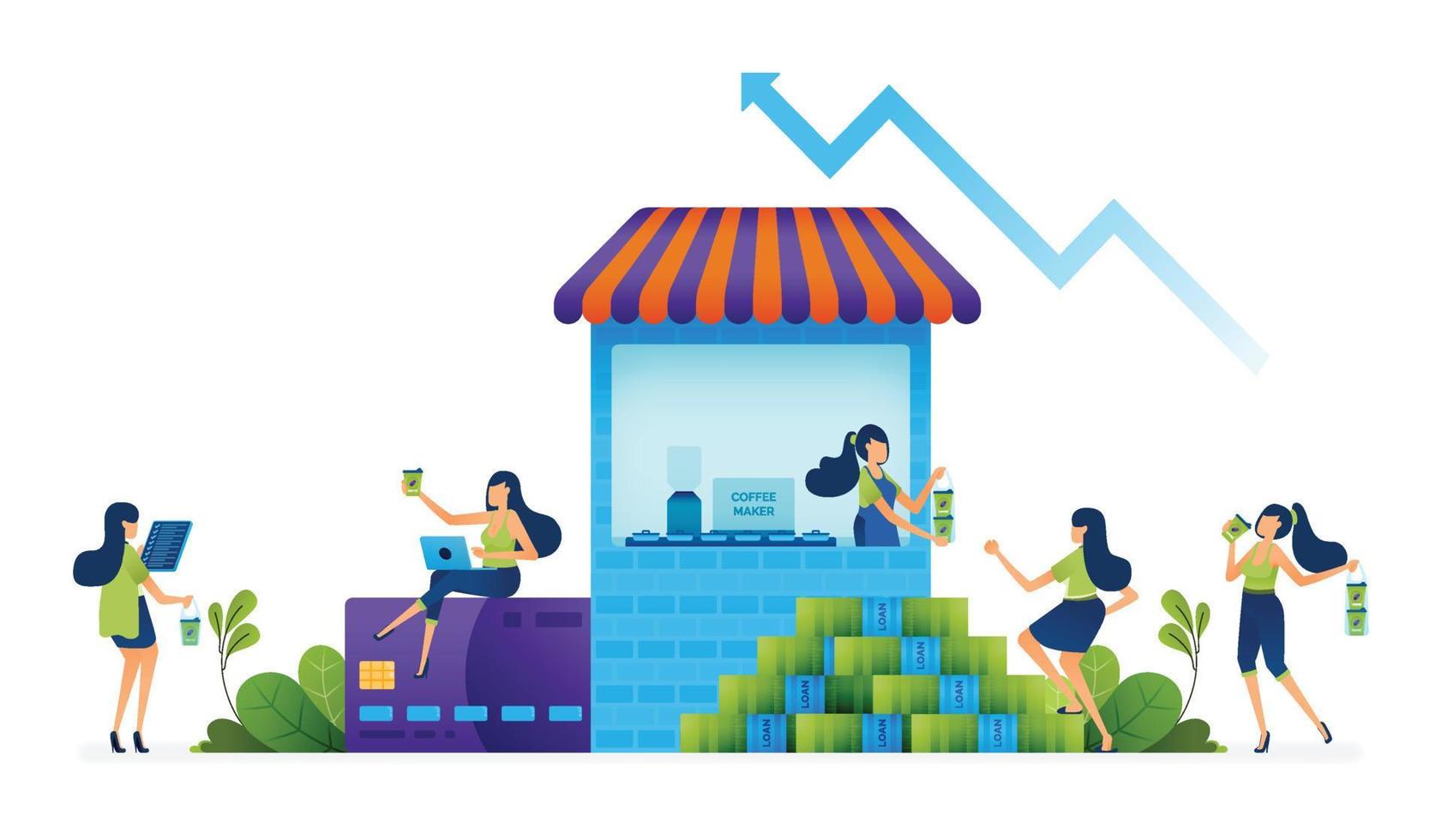 Business illustration of Provide loans to MSMEs with women entrepreneurs more equitably to support sustainable and unequal economy. Landing page, web, website, banner, ads, card, apps, brochure, flyer vector