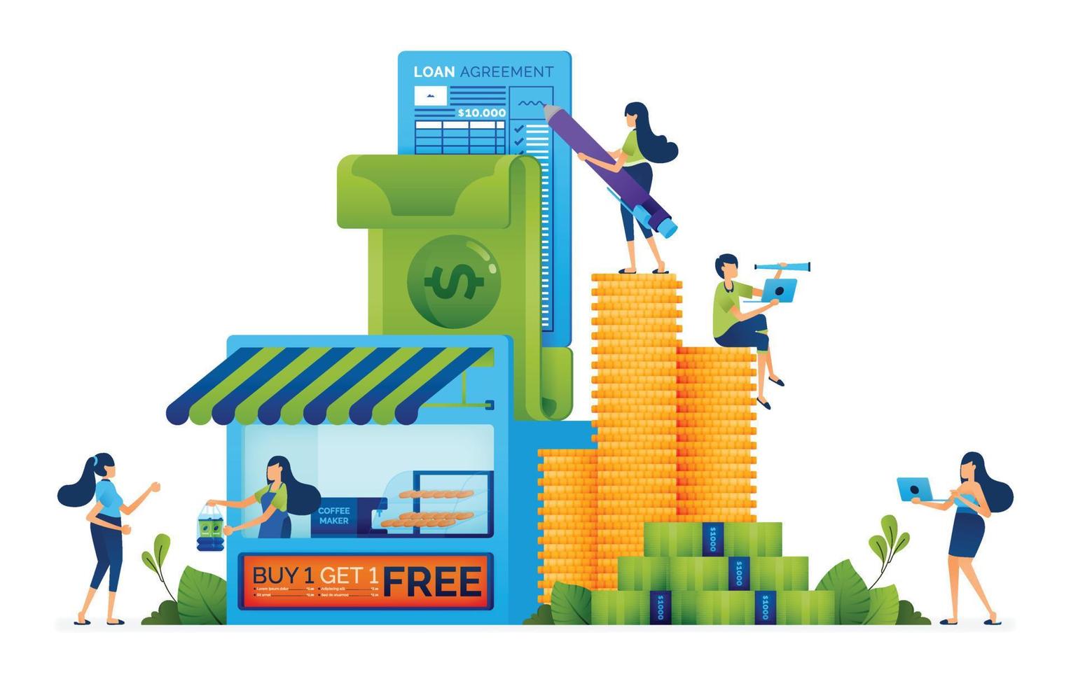 Business illustration of Provide financial guarantees and capital loan protection for local SMEs to support more equitable economy. Landing page, web, website, banner, ads, card, apps, brochure, flyer vector