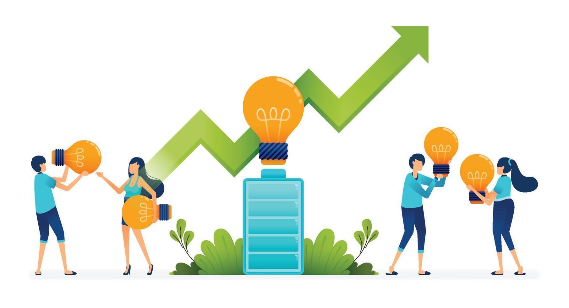 Illustration of people holding light bulbs discussing green batteries energy. increasing lithium needs for environmentally friendly energy. Can be used for website, mobile apps, poster, flyers, banner vector