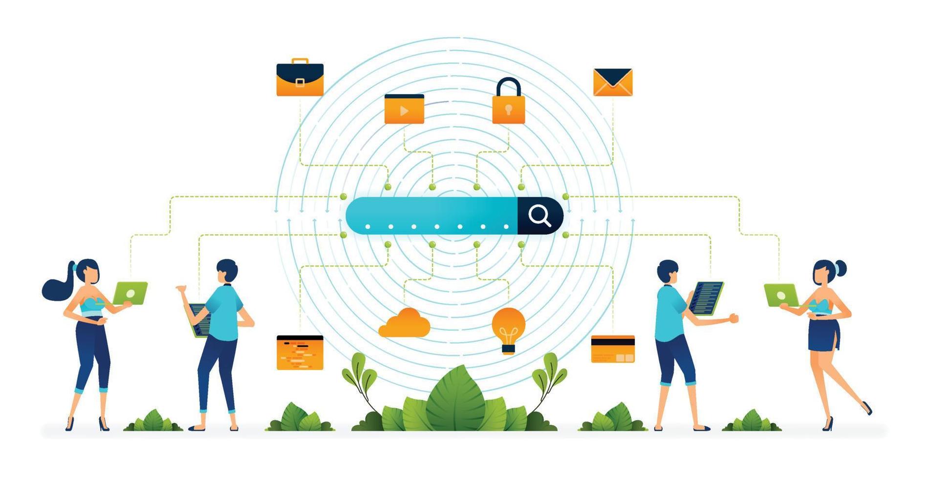 Illustration of accessible search engine network with integrated IoT technology to optimize artificial intelligence algorithm profiling. Can be used for website, mobile app, poster, flyers, banner vector
