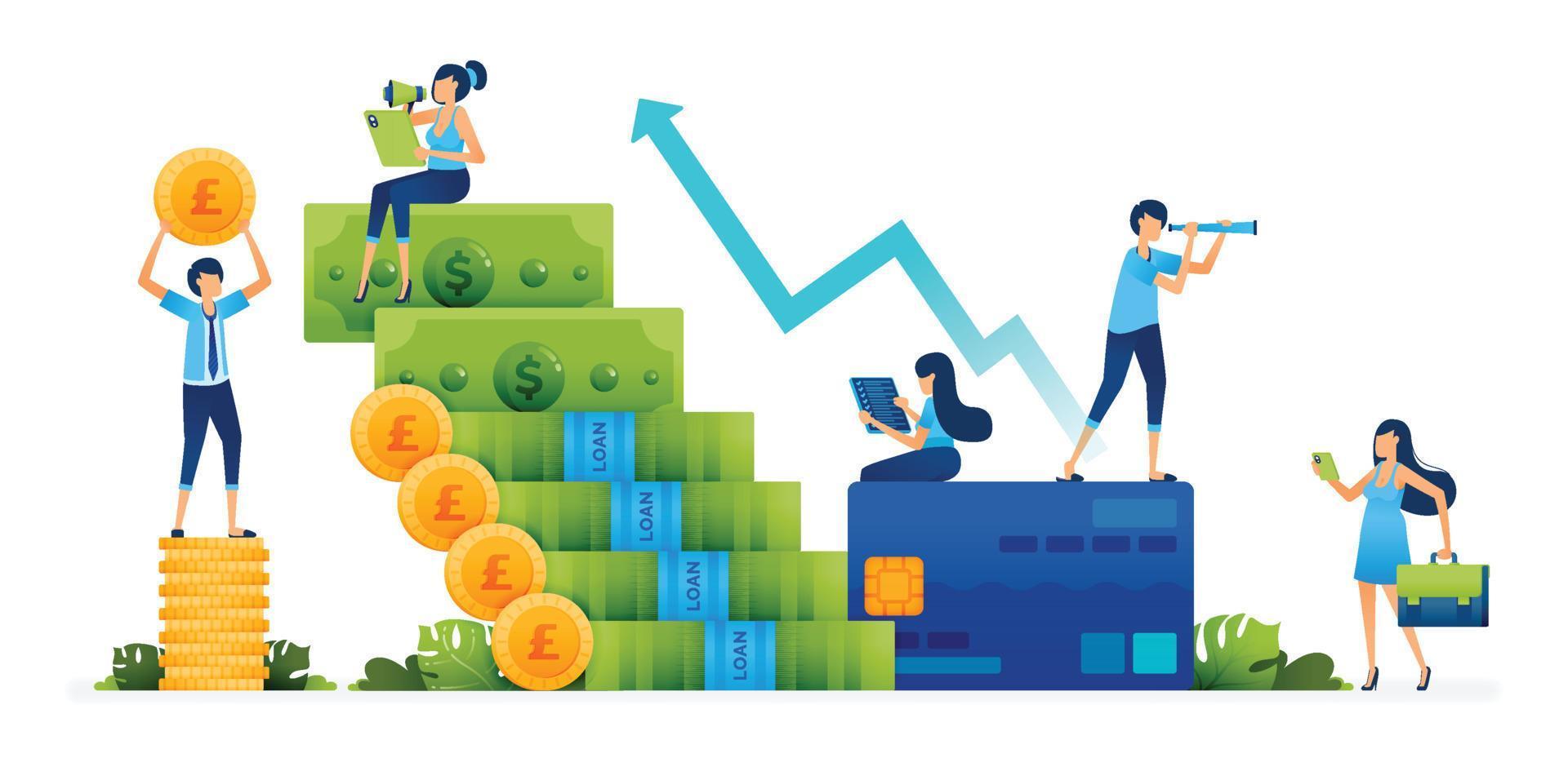 Illustration of get loans easily to increase spending in cash flow with access to financial convenience credit cards for young entrepreneurs. Can be used for landing page, website, mobile app, poster vector