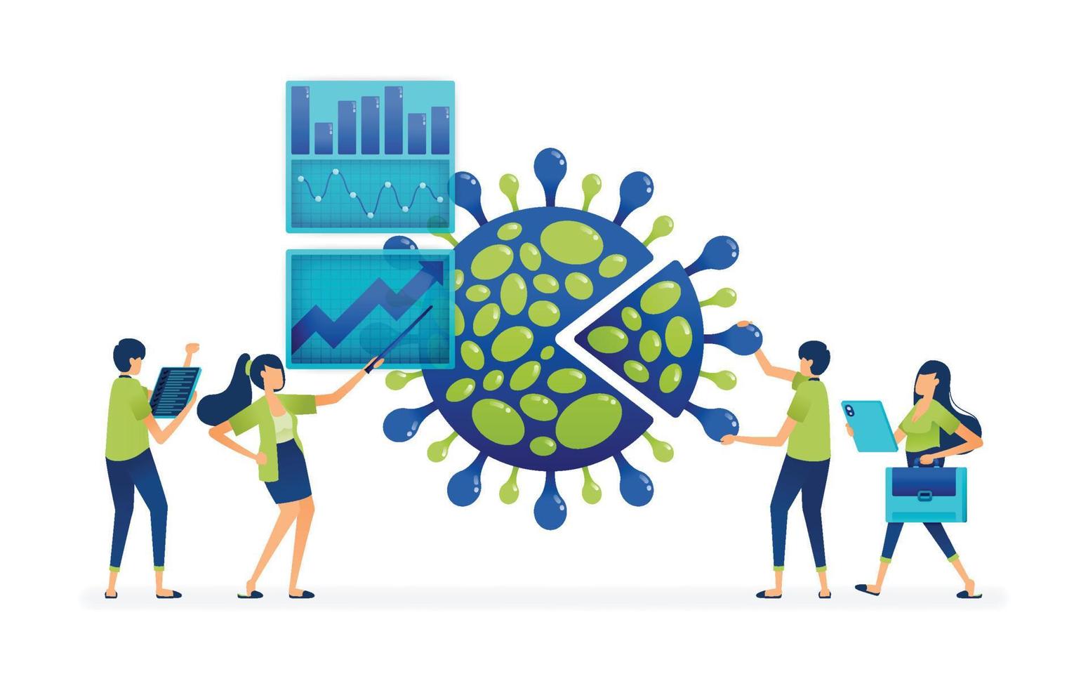 Vector illustration of analysis and planning of covid-19 pandemic data for health and economic handling of virus spread and transmission. Can be used to business card, apps banner, brochure, flyer ads