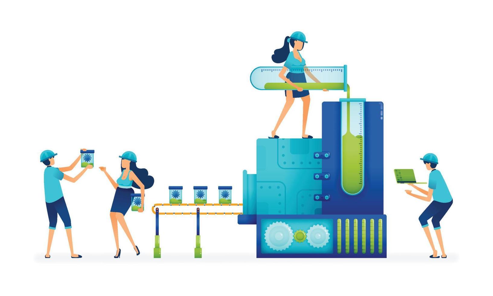 Illustration of factories and manufacturers to process and produce covid 19 antivirus by operating mass industrial machines. Can be used for landing page, web, website, banner, business card, apps vector