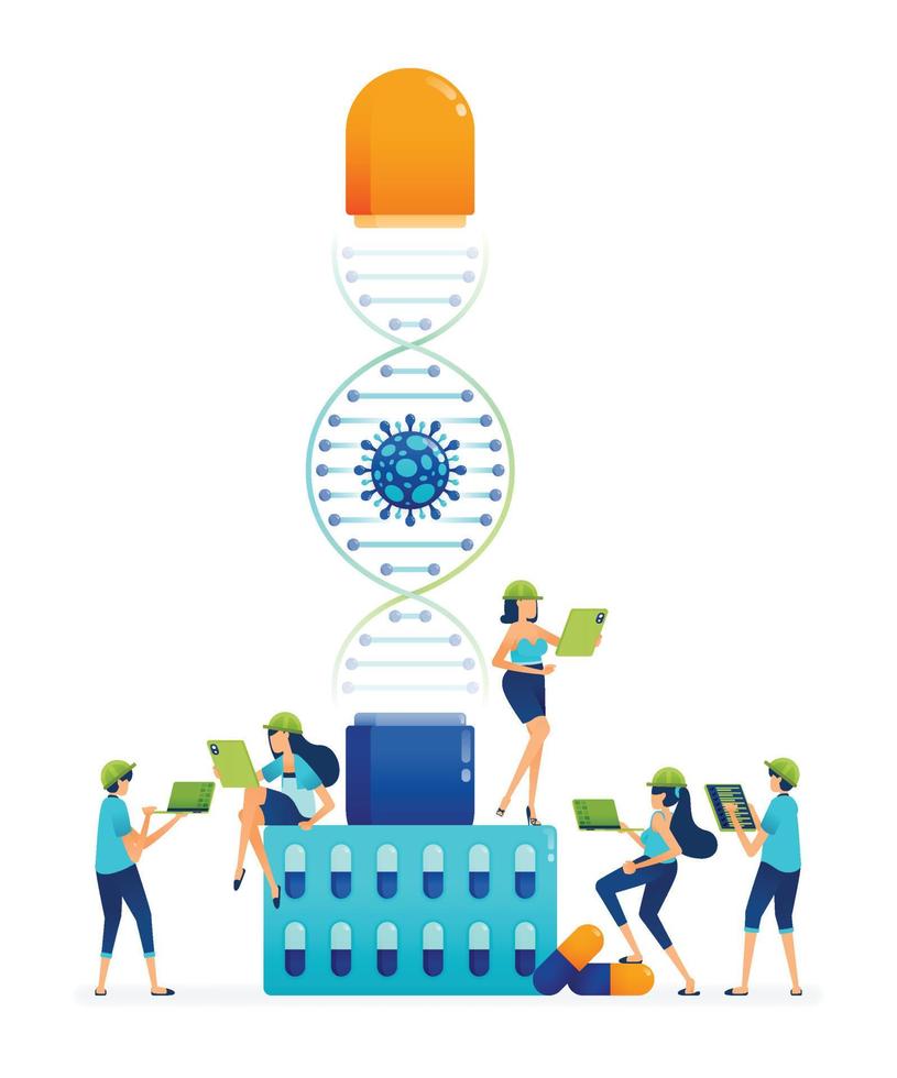 ilustración de hacer tratamiento y medicamentos para el virus covid con extracción de adn que se puede tomar por vía oral con pastillas y cápsulas. se puede utilizar para sitios web de negocios, pancartas de aplicaciones, folletos, volantes vector