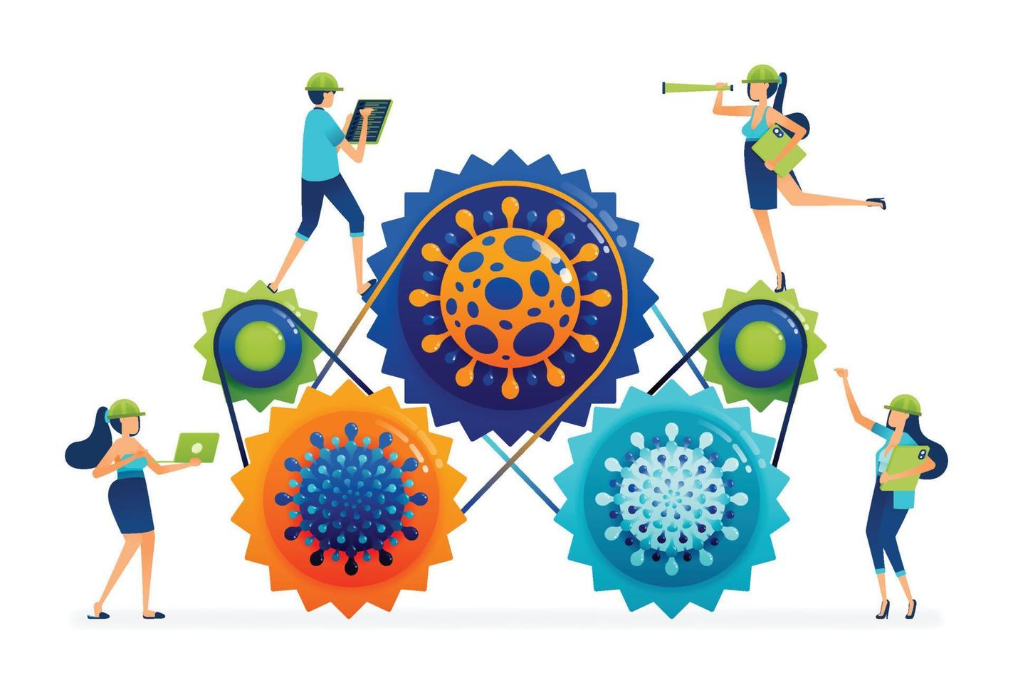 Vector illustration of working mechanism for every covid 19 virus that works in all variants and mutations with mechanical gear simulation. Landing page, web, website, banner, business card, apps