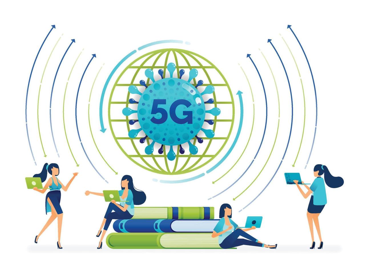 Illustration design of disrupted study and education habits make transition to integrated 5g internet network system faster at covid 19 pandemic. Can be used to business card, apps, banner, brochure vector