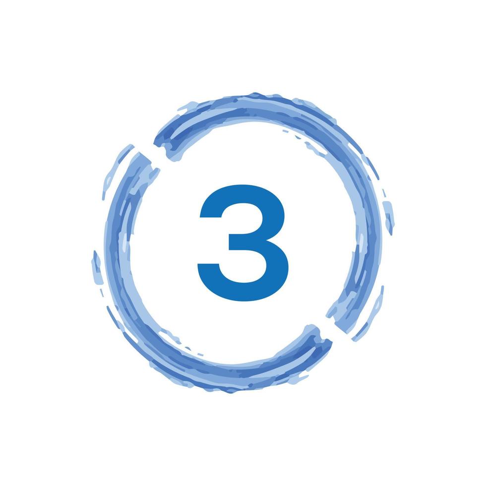 number 3 in Watercolor blue circle on white background. vector