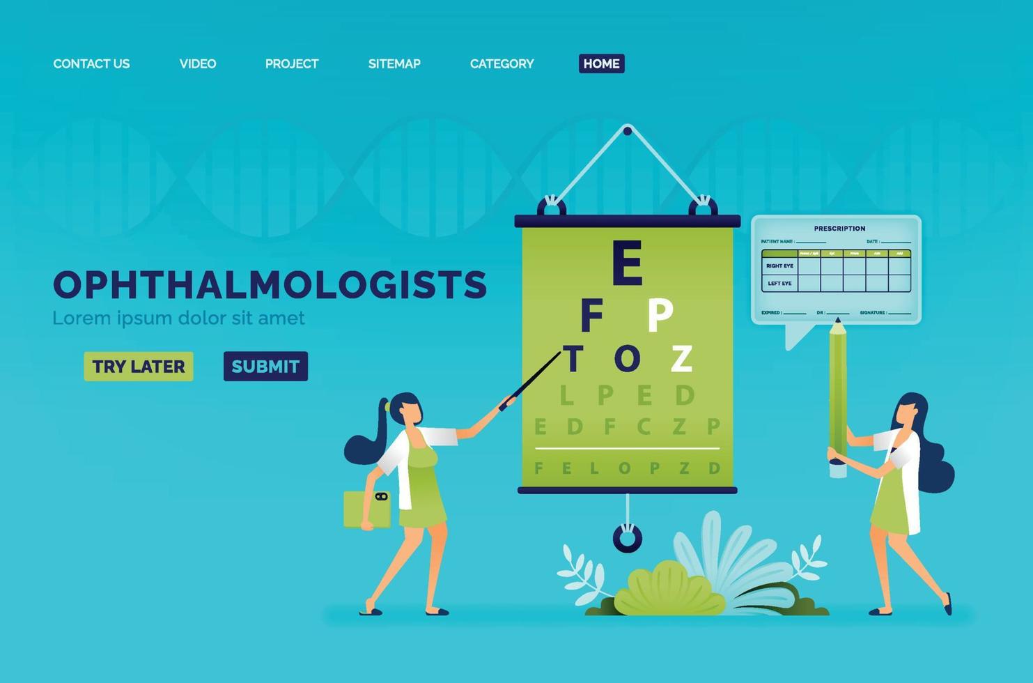Optical health illustration of ophthalmologist writes prescription for glasses from patients Snellen reading. Can be used to landing page, web, website, poster, mobile apps, brochure, ads, flyer, card vector