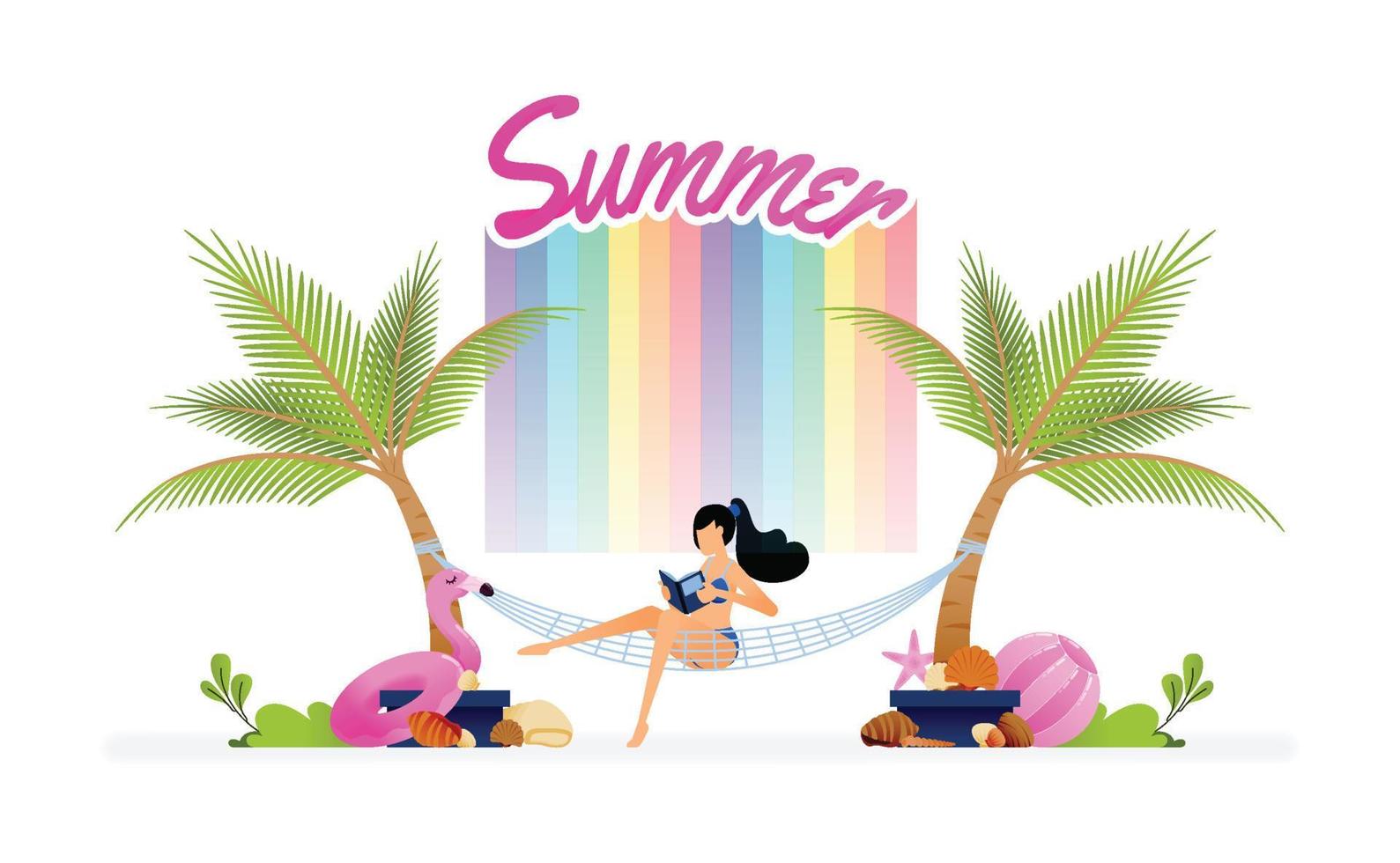 ilustración vectorial de una chica sentada relajada en una hamaca atada entre cocoteros en la playa de vacaciones. el diseño se puede utilizar para la página de inicio, la web, el sitio web, el afiche, las aplicaciones móviles, los anuncios de folletos, el volante vector