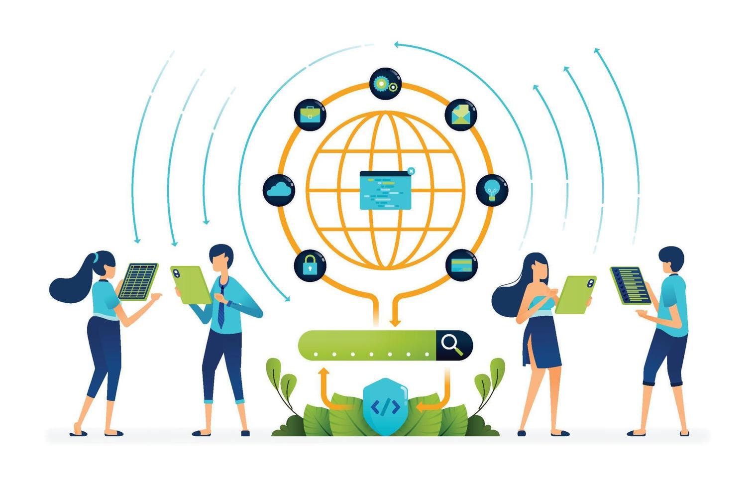 Illustration of access internet network that is encrypted for security in operating search engines. database big data management. Can be used for landing page, website, apps, poster, flyers, banner vector