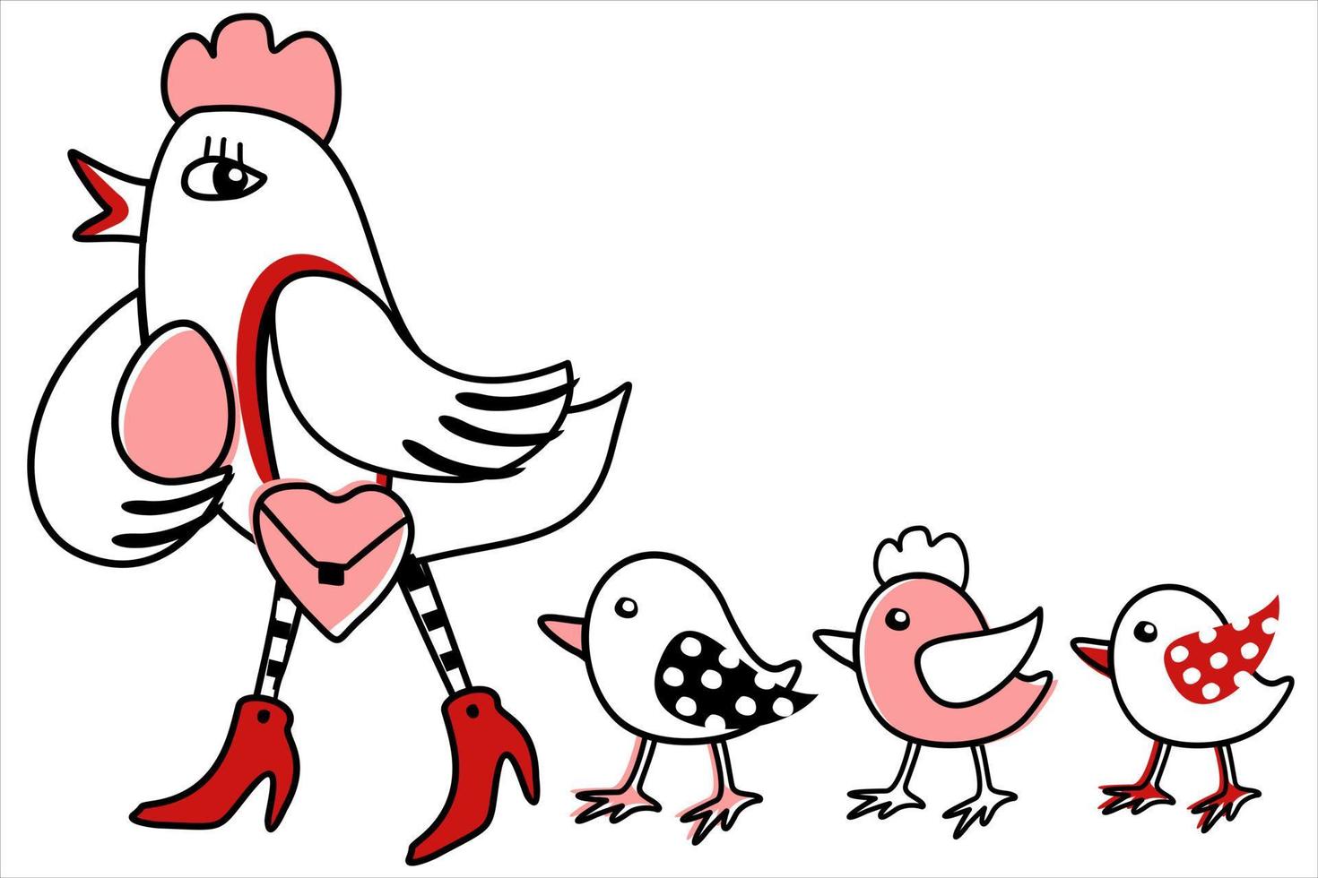 Vector isolated illustration of hen and her chickens.